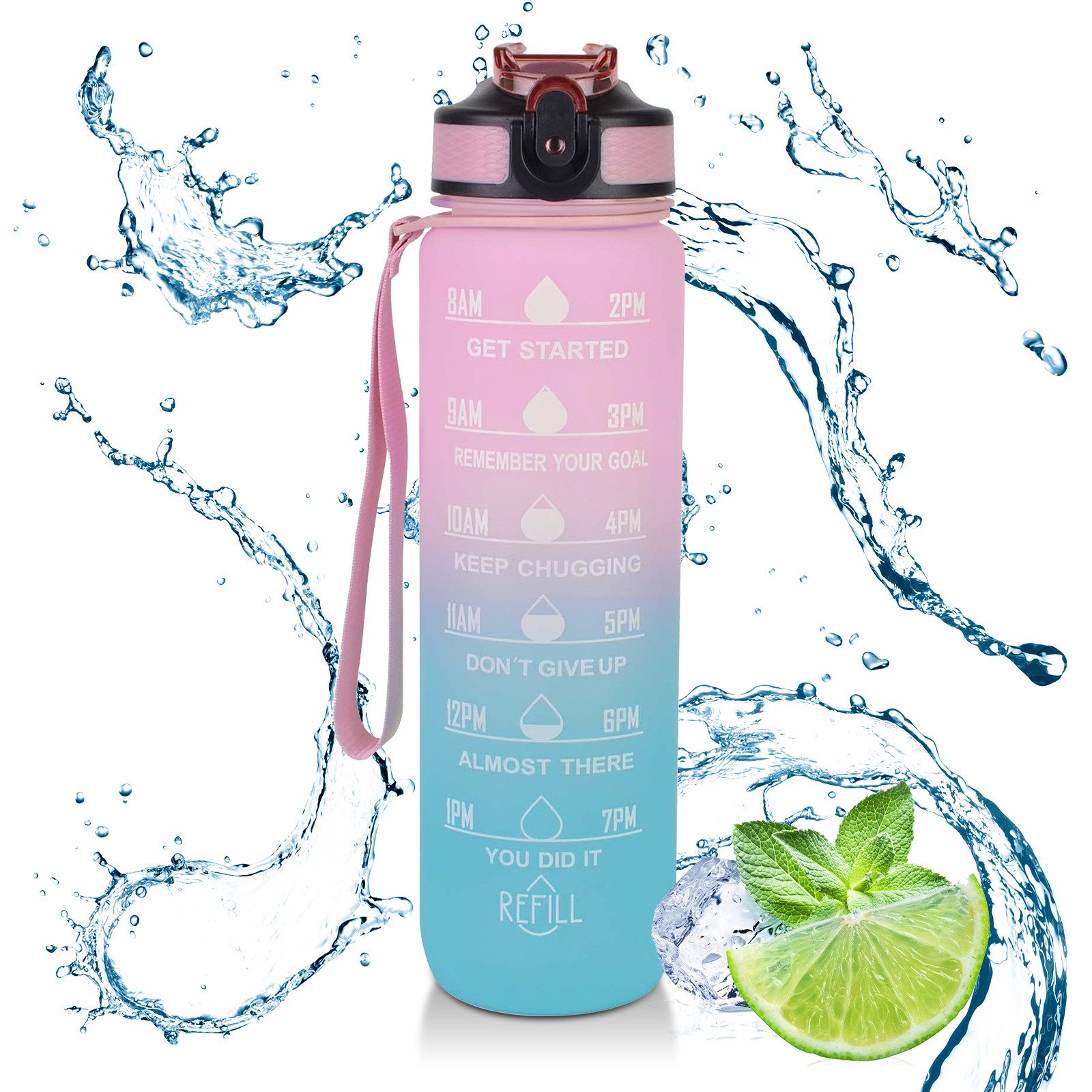Trinkflasche 1 Liter Sport-Wasserflasche mit Strohhalm und Zeitmarkierungen