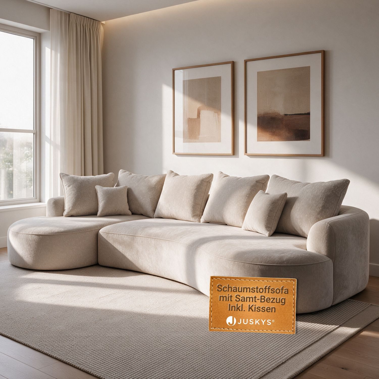 Juskys Ecksofa Tirano in Beige aus Samt mit Ottomane links & 7 Kissen, 300 x 155 cm, 2 Teile, Eckcouch mit abgerundeter Form, …