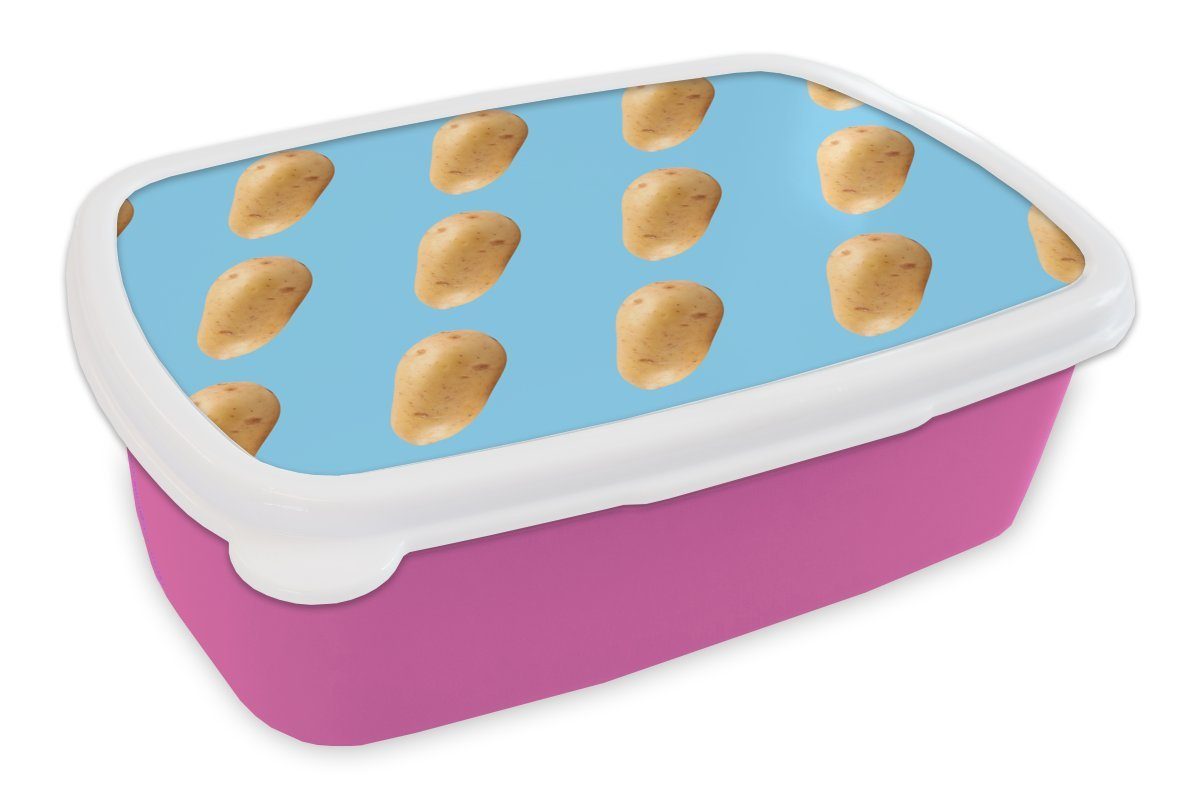 MuchoWow Lunchbox Kartoffel - Muster - Blau, Kunststoff, (2-tlg), Brotbox für Erwachsene, Brotdose Kinder, Snackbox, Mädchen, Kunststoff rosa