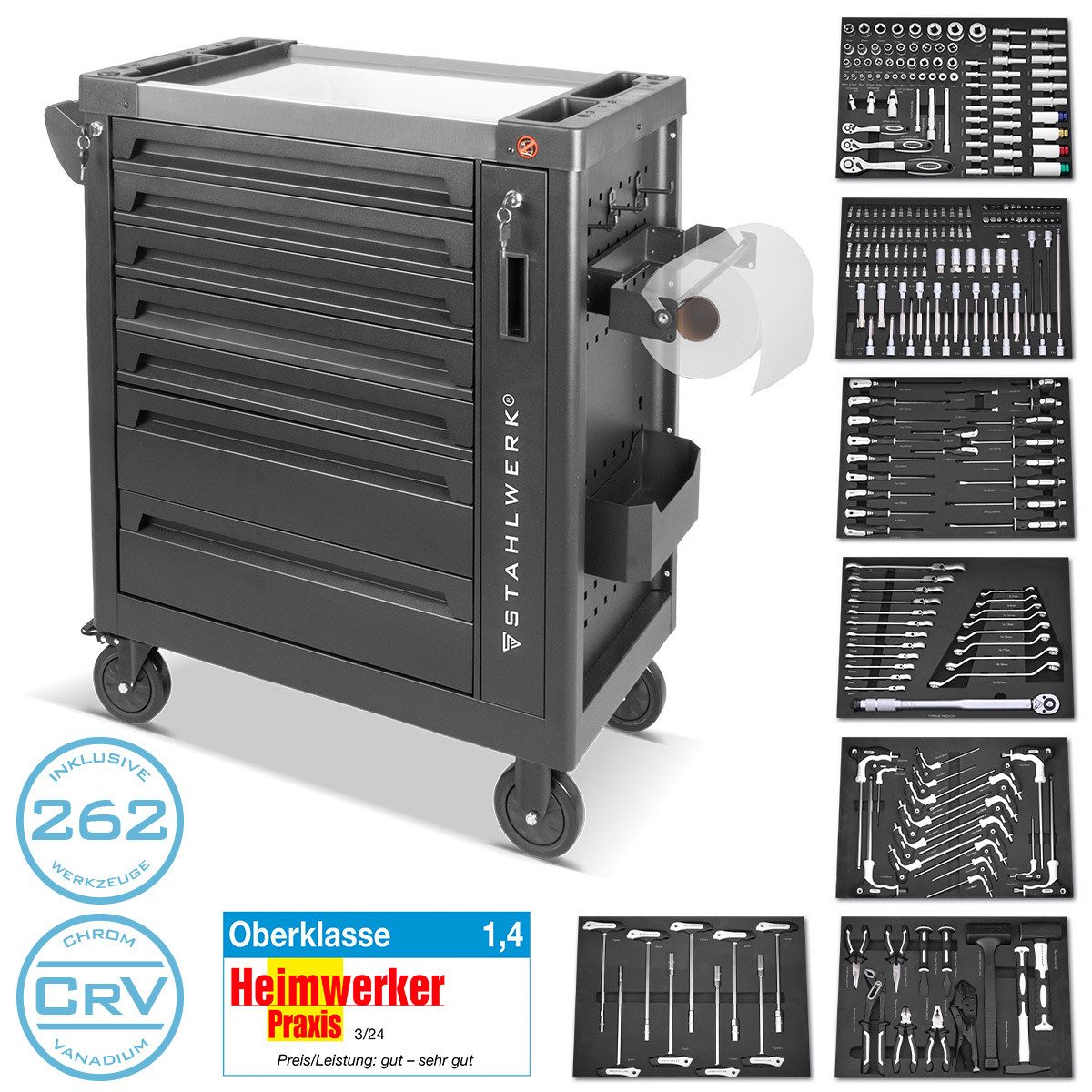 STAHLWERK Werkstattwagen Werkstattwagen PHOENIX Werkzeugwagen Montagewagen 262 Werkzeuge CrV, (1-tlg)