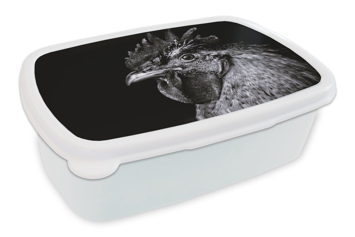 MuchoWow Lunchbox Hahn - Vogel - Schwarz - Weiß, Kunststoff, (2-tlg), Brotbox für Kinder und Erwachsene, Brotdose, für Jungs und Mädchen