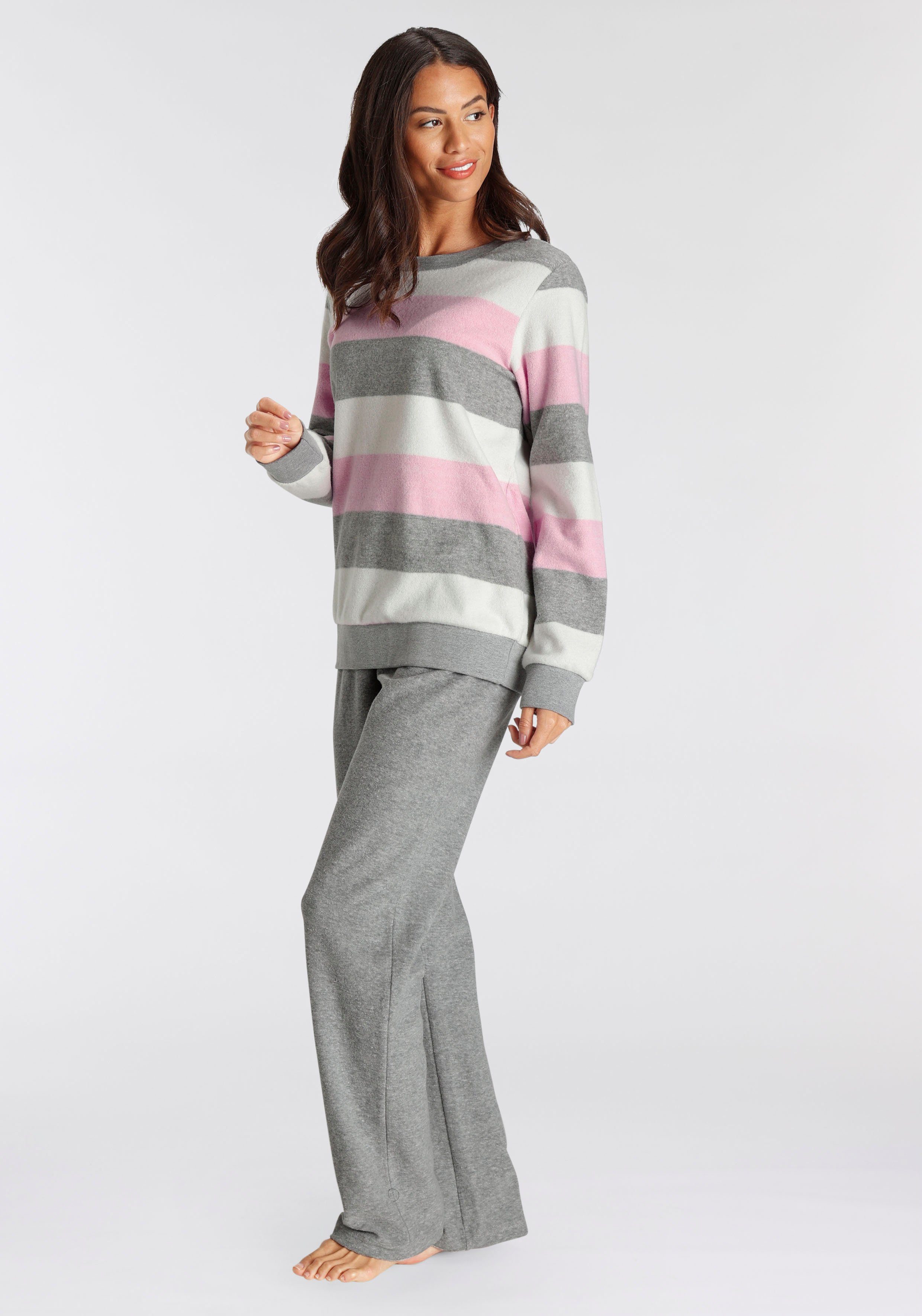 Vivance Dreams Pyjama (2 tlg) aus weichem Frottée und mit Colorblock Streifen grau-rosa