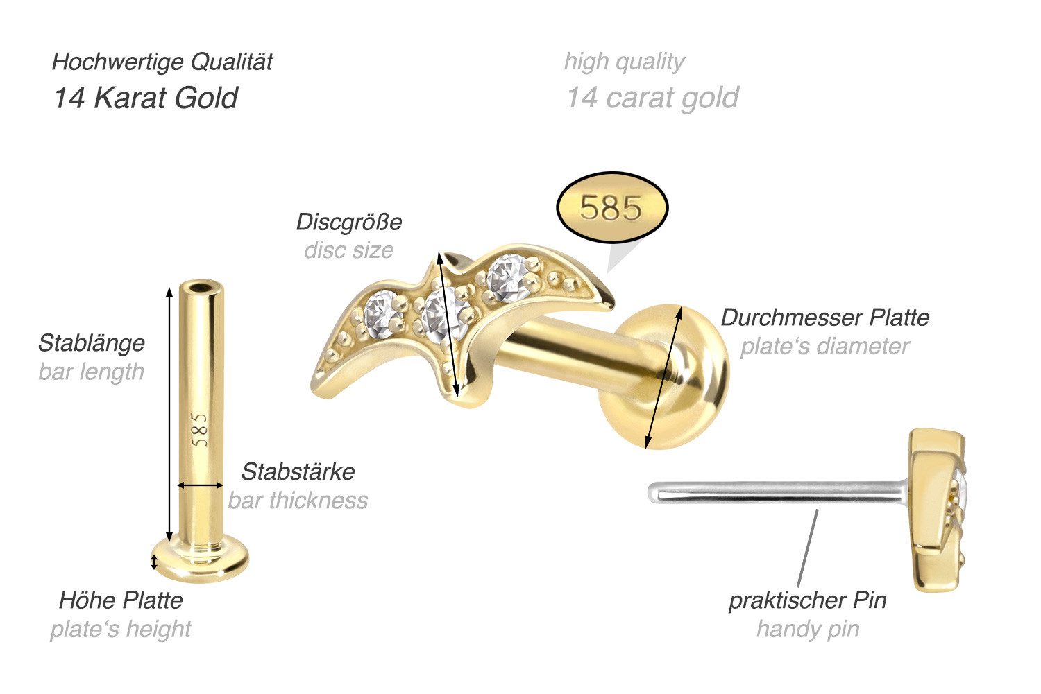 PIERCINGLINE Piercing-Set 14 Karat Gold Labret mit Push Fit MOISSANIT-SCHWALBE (Labrets, 1-tlg)