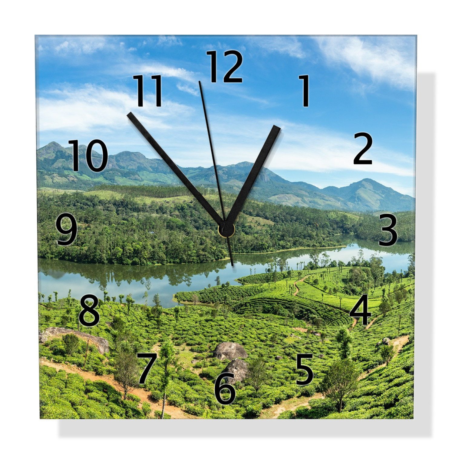 Wallario Wanduhr Flusstal inmitten grüner Hügellandschaft (Glasuhr)