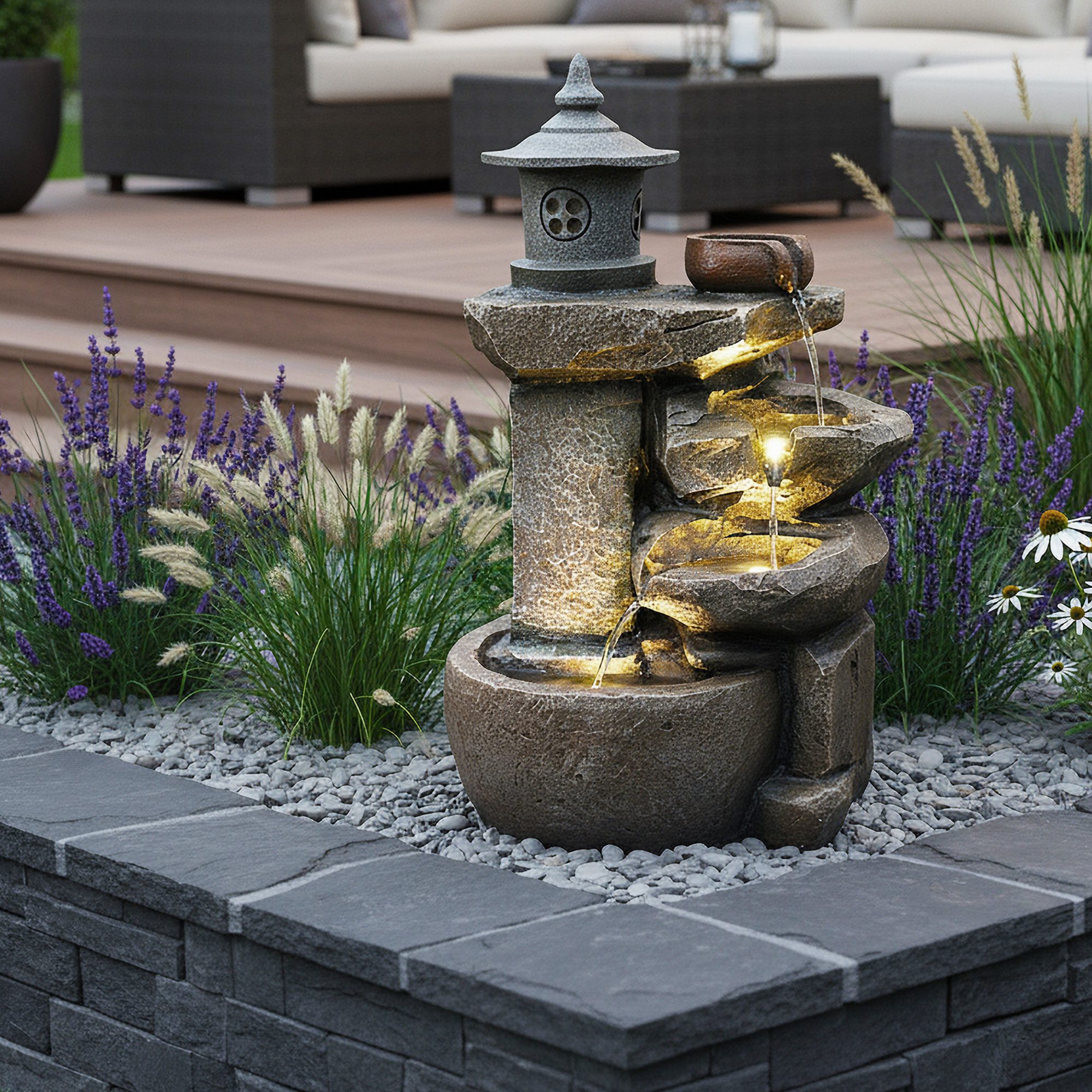 Arnusa Gartenbrunnen Zimmerbrunnen BK851 Springbrunnen Wasserfall Kaskade, Komplettset mit LED Beleuchtung 50 cm Höhe