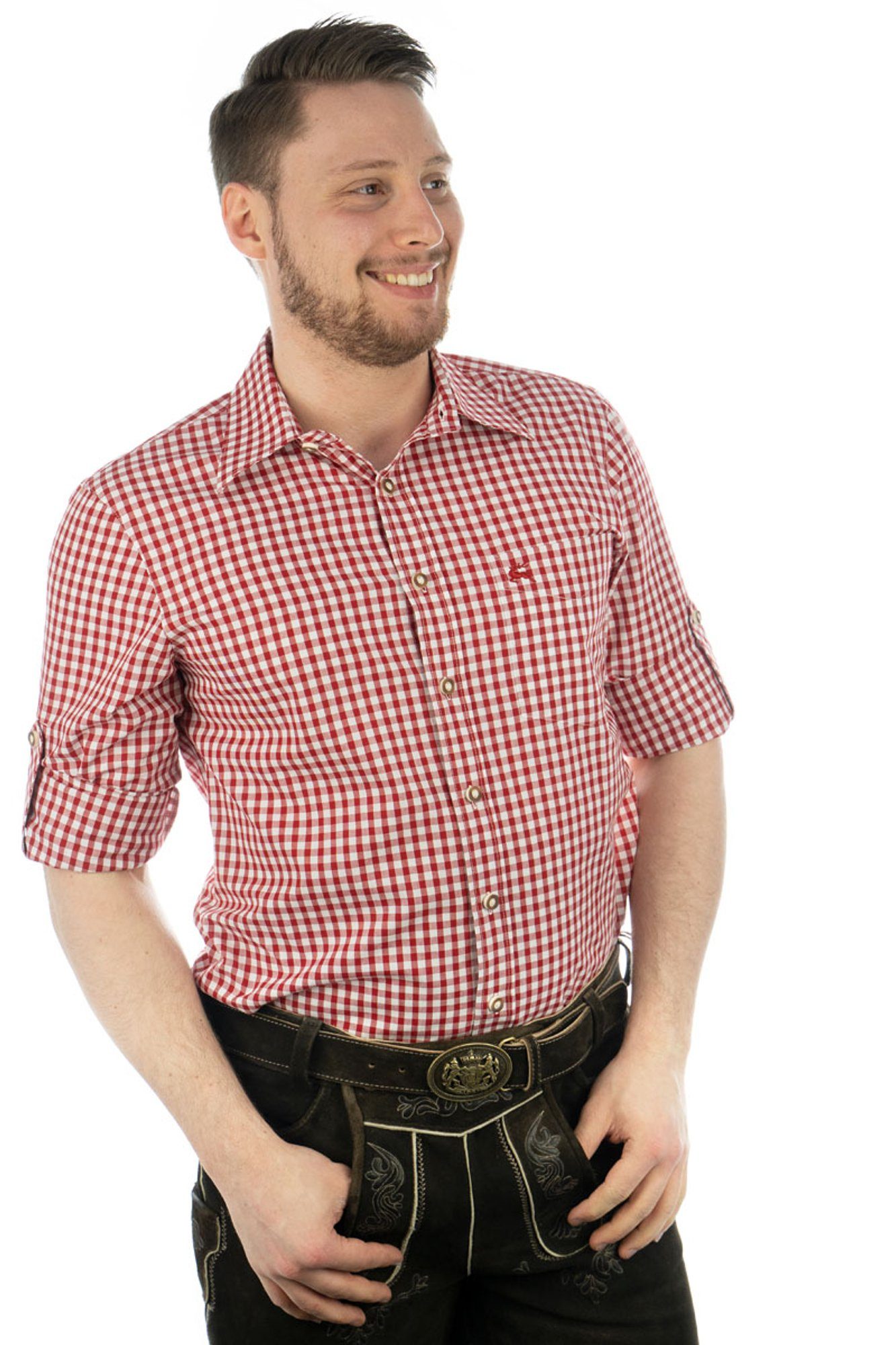 Trachtenhemd mit mittelrot Langarmhemd Brusttasche aufgesetzter OS-Trachten Hirsch-Stickerei mit Ukazui