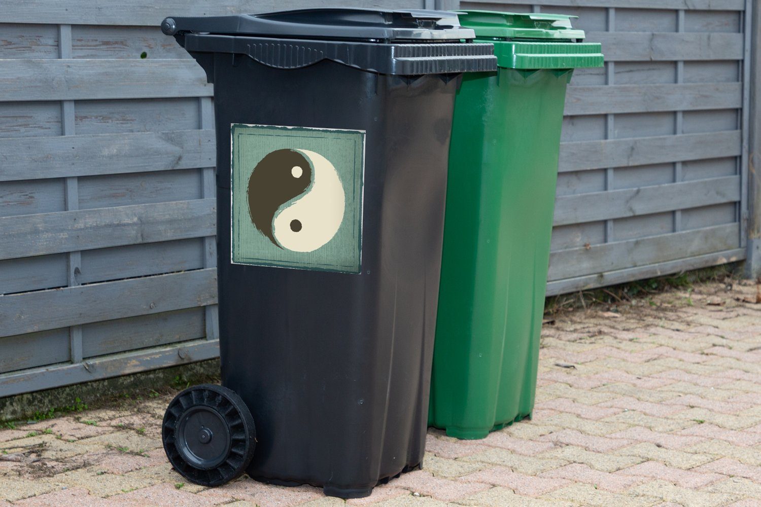 MuchoWow Wandsticker Eine Illustration von Sticker, (1 Mülltonne, St), Abfalbehälter Yang einem Mülleimer-aufkleber, blauen und Container, Yin vor Hintergrund