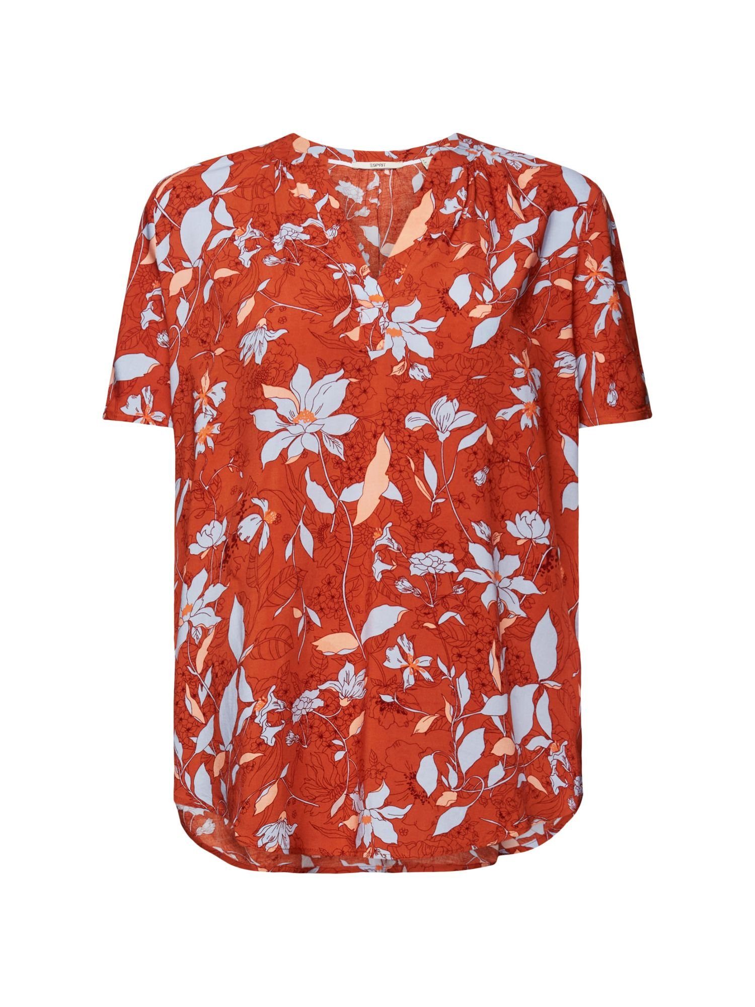 ORANGE Ausschnitt Bluse mit CORAL Kurzarmbluse Florale geschlitztem Esprit