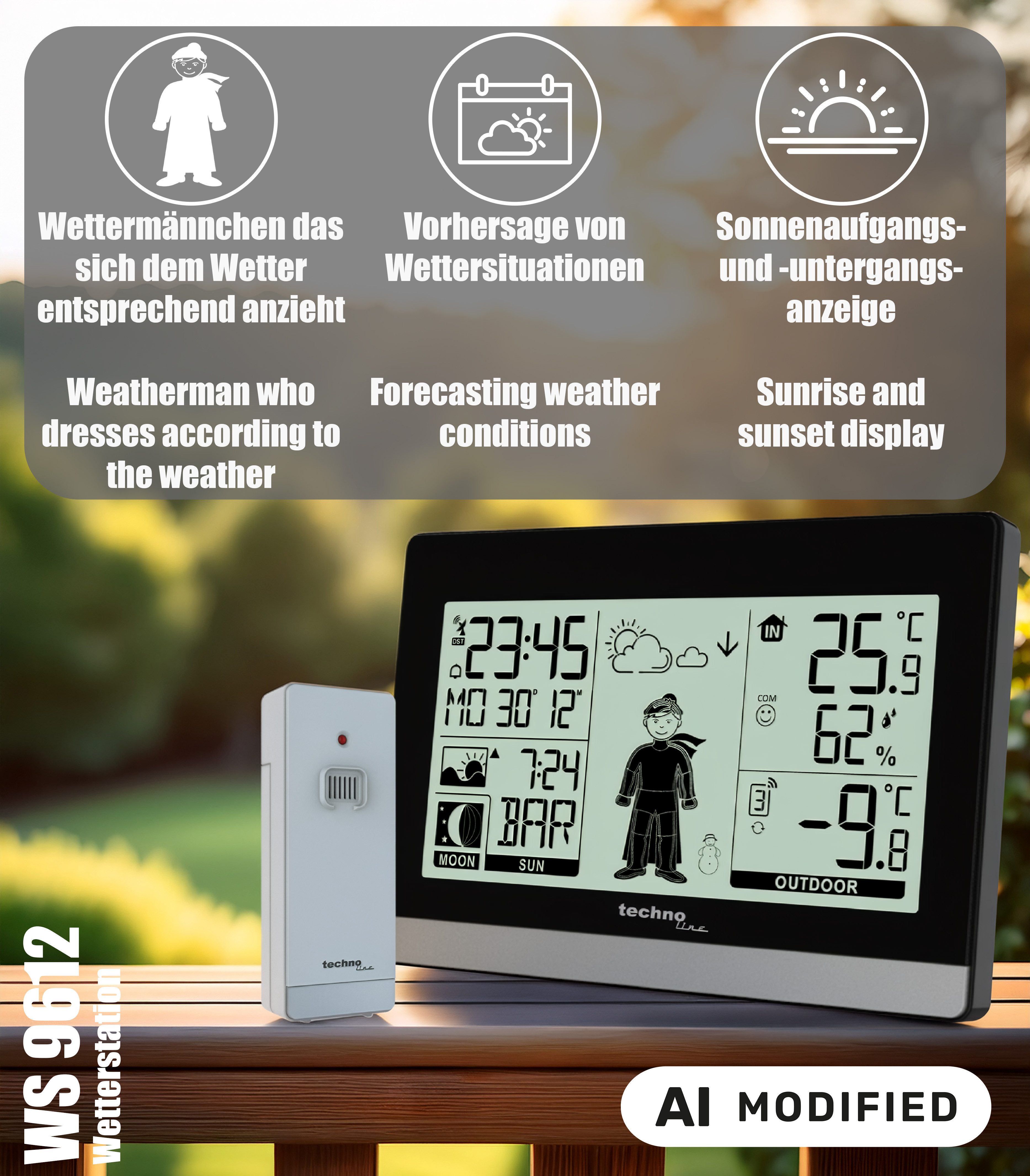 technoline WS 9612 Wetterstation (inklusive Außensender, mit "Wettermännchen“ zieht sich dem Wetter entsprechend an)