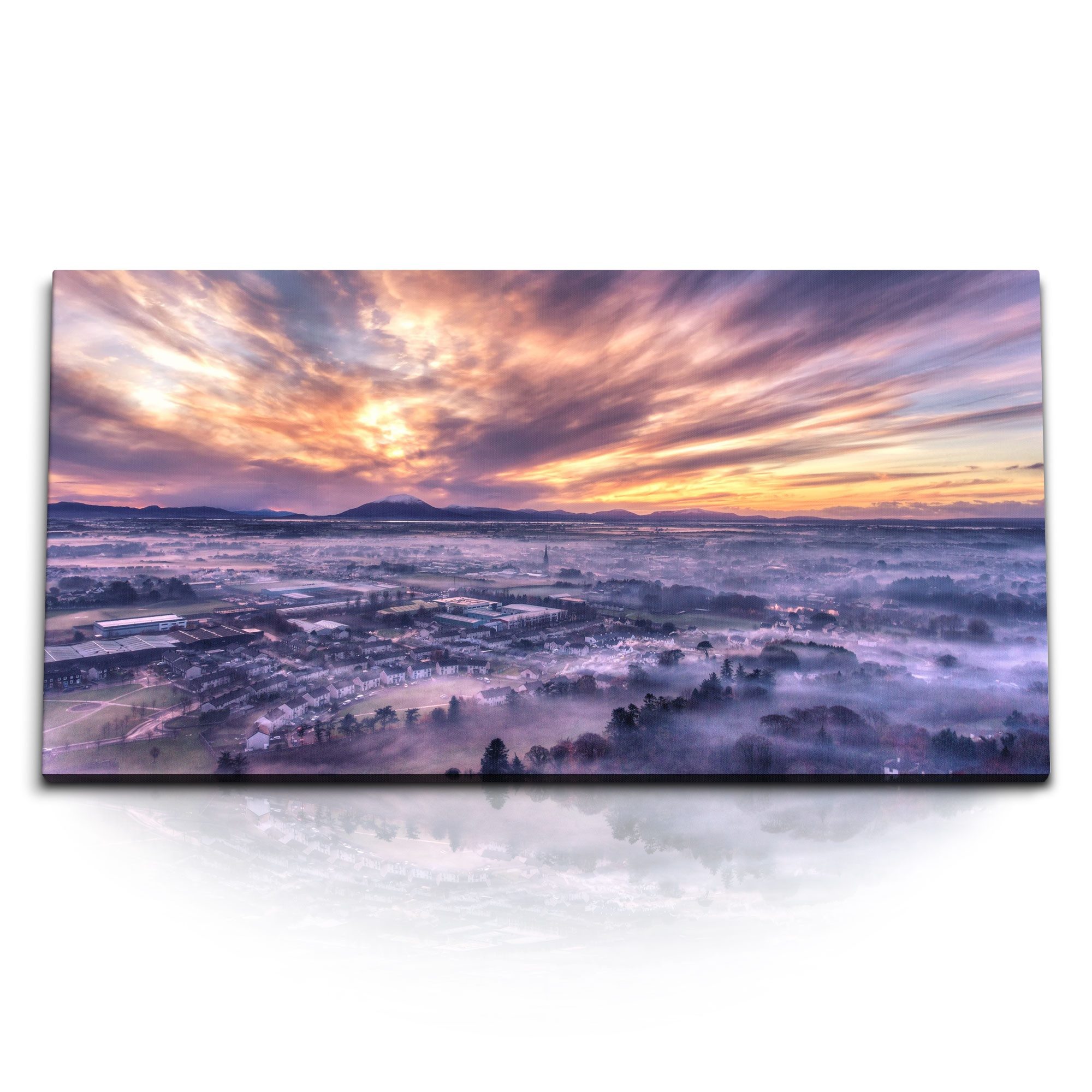 Sinus Art Leinwandbild Kunstdruck Bilder 120x60cm Irland Ballina Stadt Horizont roter Himmel, (1 St)