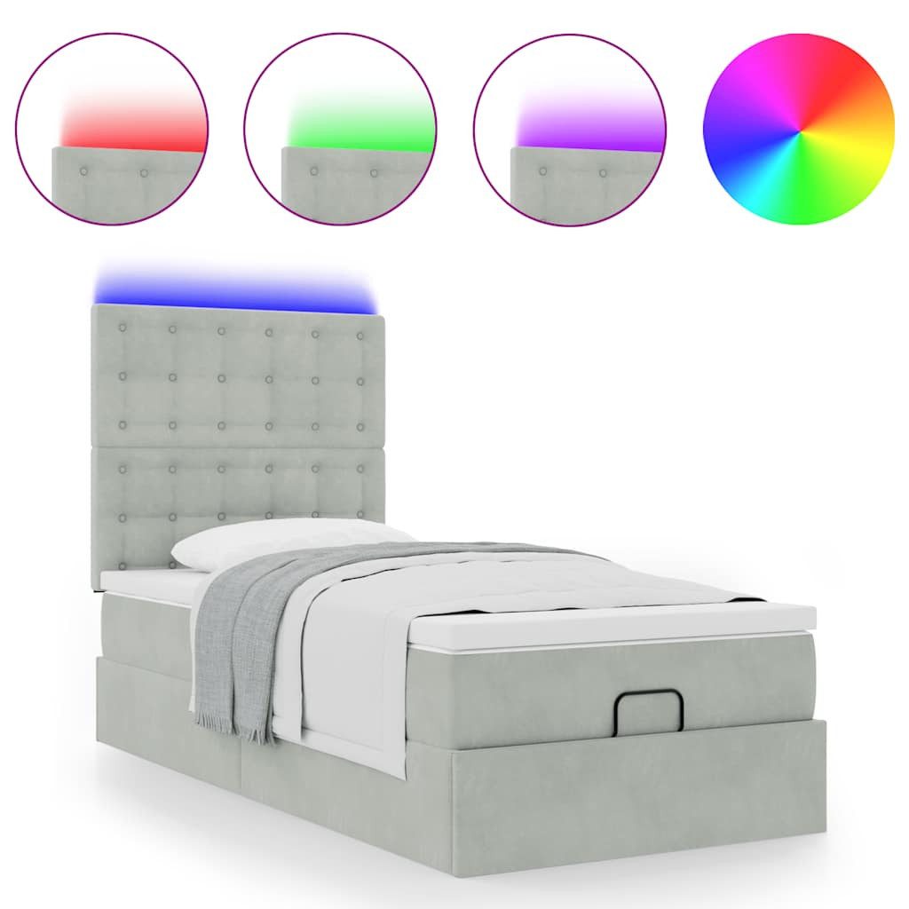 vidaXL Bett Ottoman-Bett mit Matratzen & LEDs Hellgrau 90x200 cm Samt