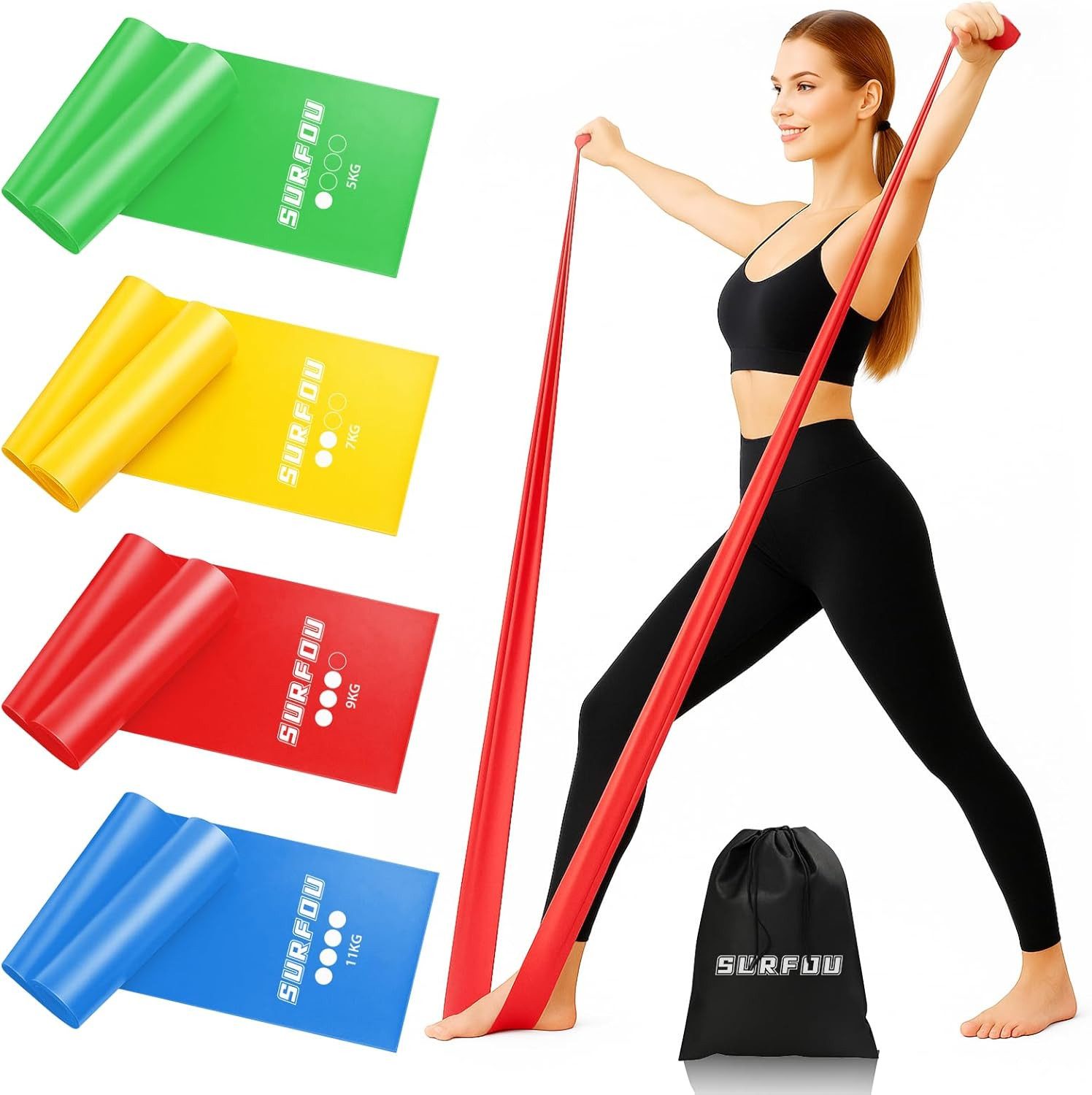 SURFOU Trainingsbänder Widerstandsbänder Set – 4 Stärken, für Krafttraining, Yoga und Dehnung