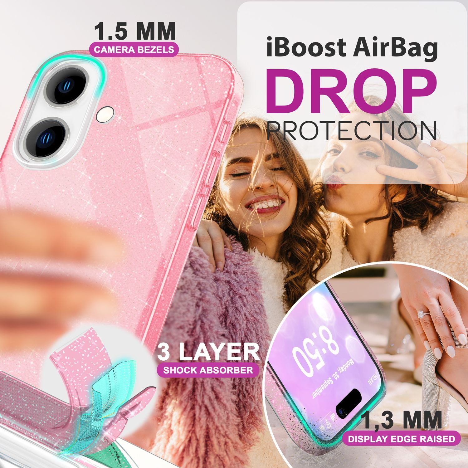 Nalia Smartphone-Hülle Apple iPhone 16, Glitzer Silikon Hülle / Verstärktes Glitter Cover / Glänzendes Case