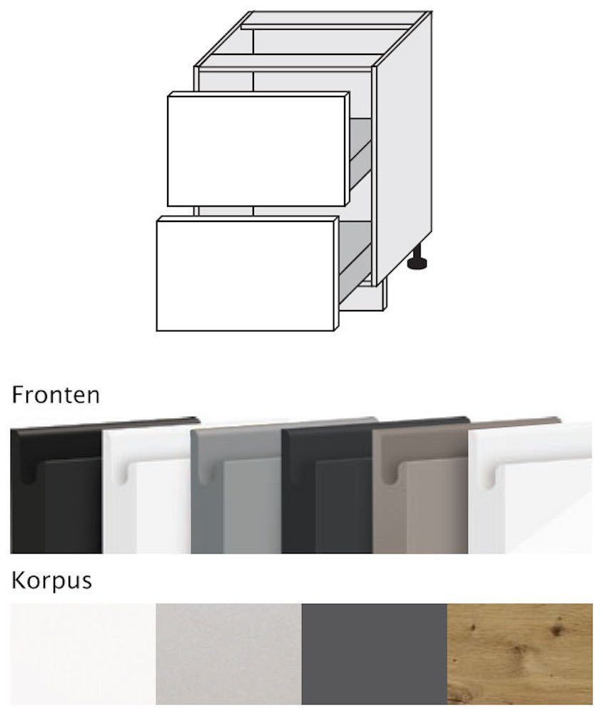 grifflos Avellino Front- Korpusfarbe 2 Schubladen matt & weiß Feldmann-Wohnen 60cm Acryl wählbar Unterschrank (Teilauszug)