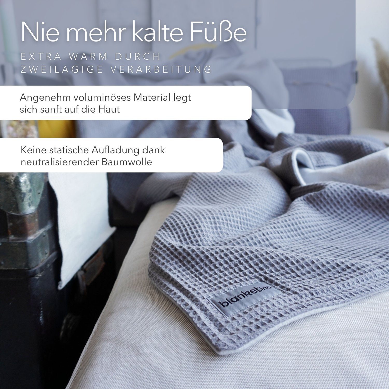 Wohndecke flauschige Kuscheldecke, wärmende Couchdecke aus 100% Baumwolle, blanketino, Stilvolle Sofadecke, Überdecke in Grau & Hellgrau