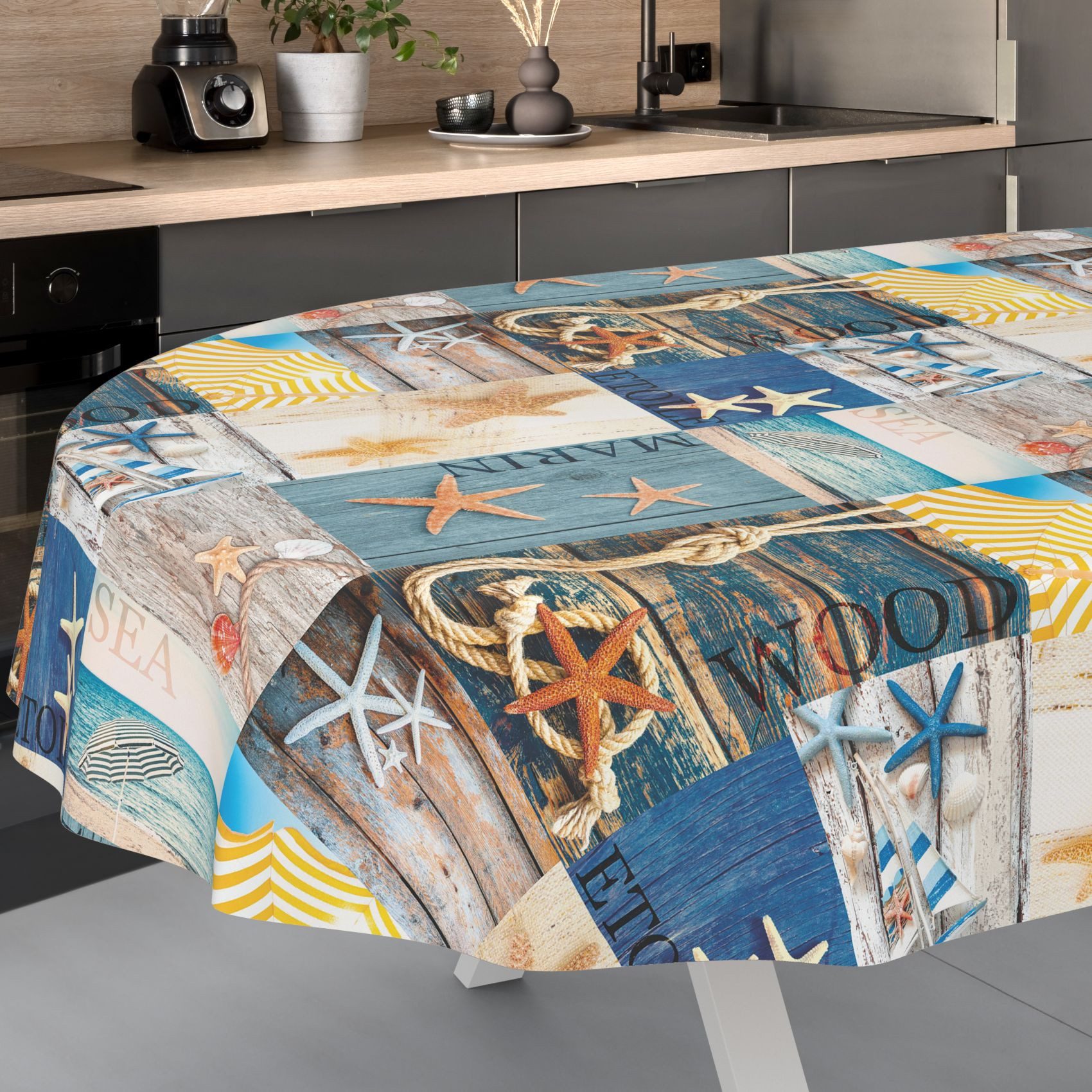 ANRO Tischdecke Wachstuch abwaschbar Maritim Tischwäsche (Einzelstück 1-tlg), wasserabweisend pflegeleicht auf See Blau Oval 180x140cm