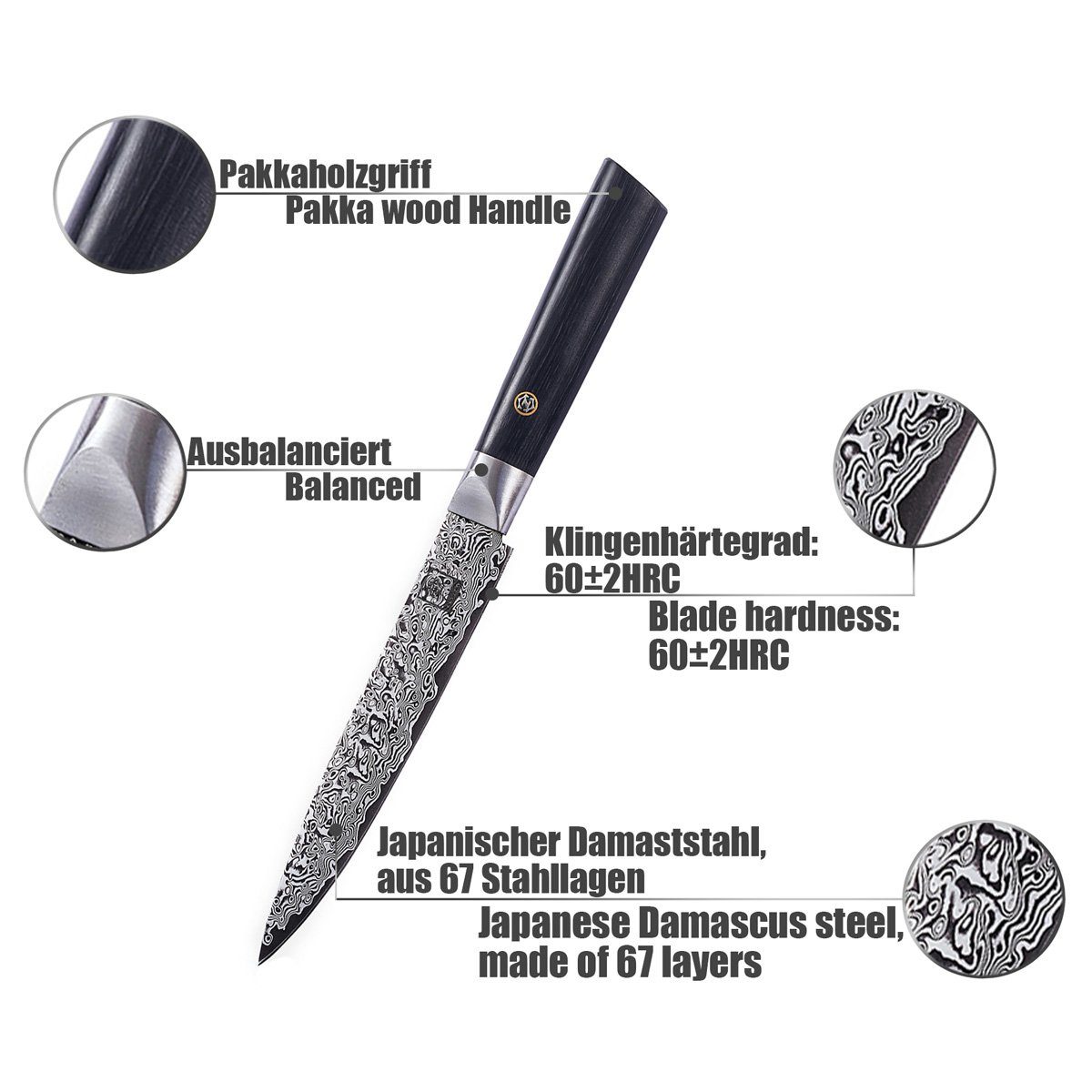 ZAYIKO Damastmesser Damastmesser BLACK - VG-10 Stahlkern Pakkaholz Allzweckmesser EDITION