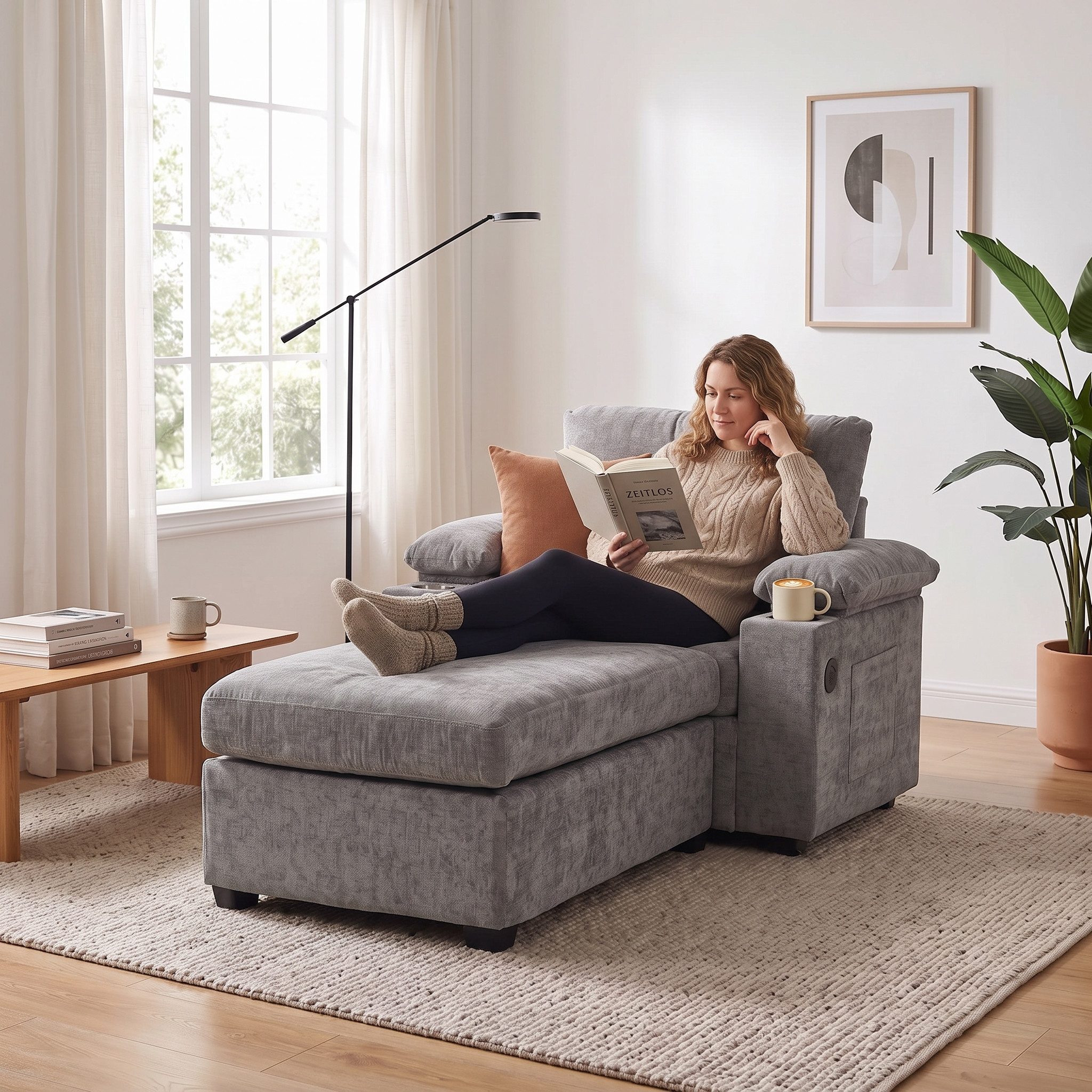i@home Loungesofa Relaxliege, Liegestuhl aus Chenille-Stoff, geeignet für Wohnzimmer und Büro, Grau