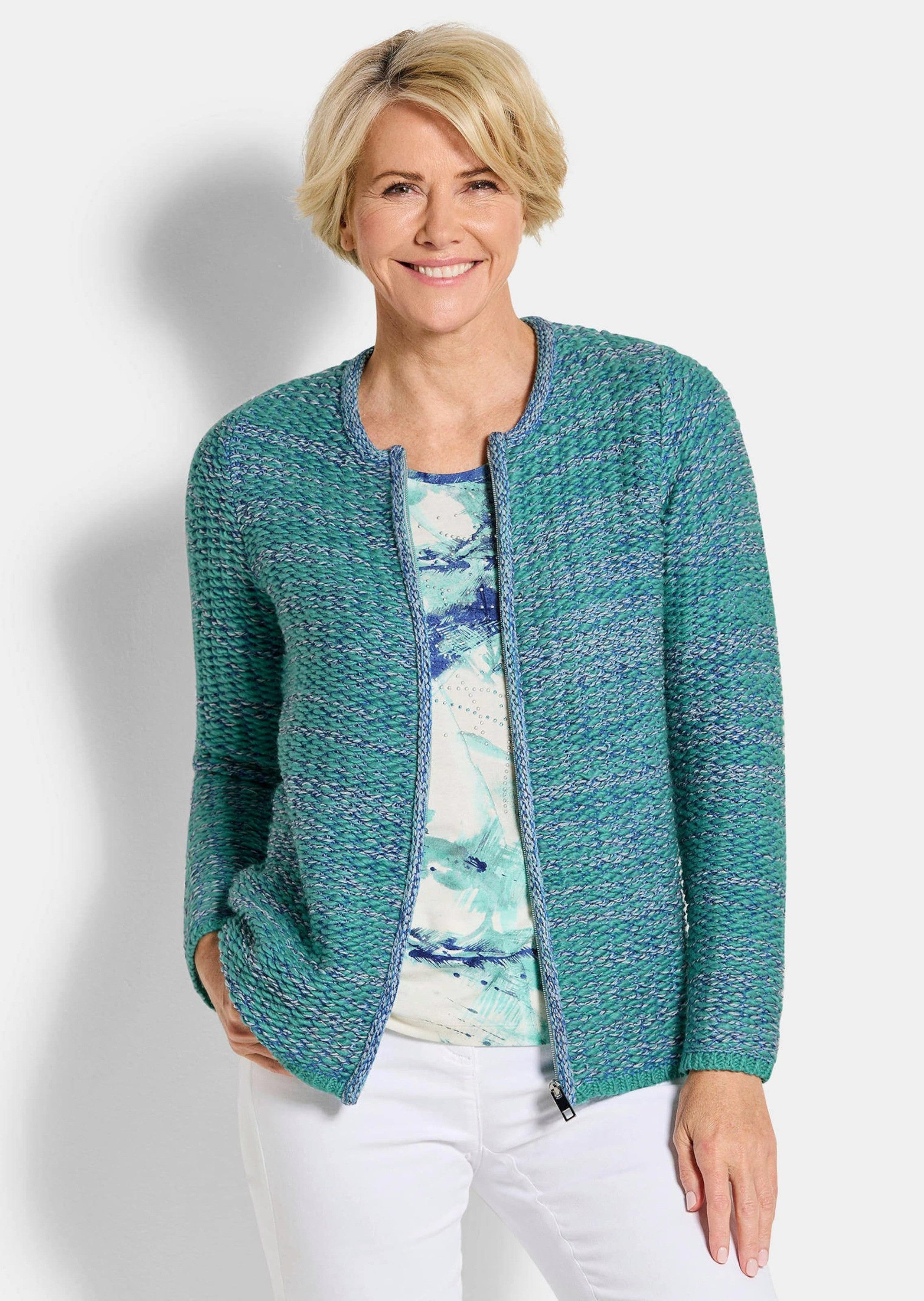GOLDNER Strickjacke Strukturjacke mit Rollband Freizeitjacke mit Rundhals, günstig online kaufen