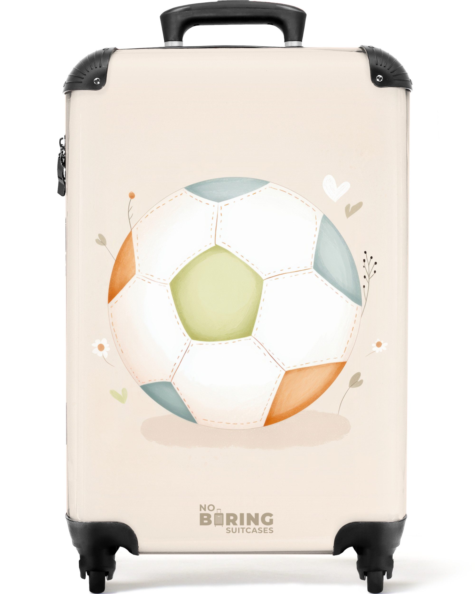 NoBoringSuitcases.com© Kinderkoffer Fußball in beigefarbenen Pastellfarben 55x35x20cm, 4 Rollen, Kinder Koffer Klein, Trolley Handgepäck, Reisekoffer