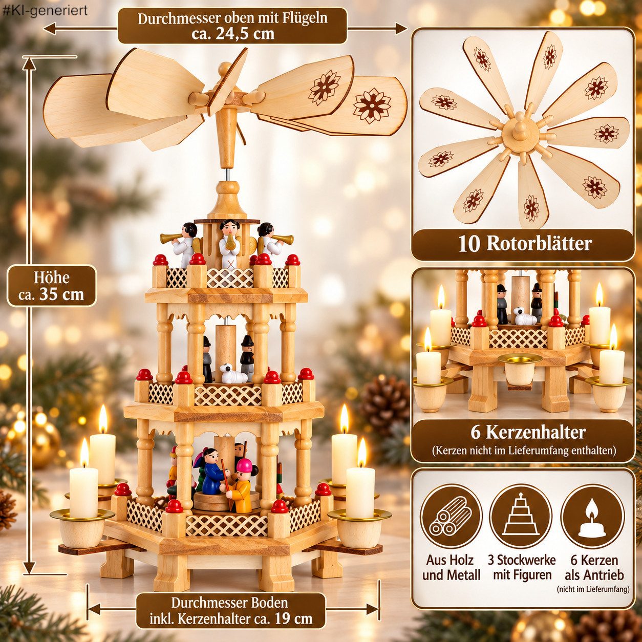 steinwohn Weihnachtspyramide Weihnachtspyramide aus Holz – 3 Etagen, 6 Kerzenhalter, traditionelle Weihnachtsdekoration