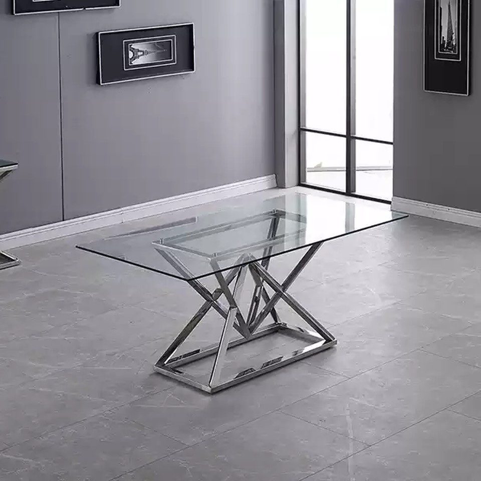 Esstisch Glastisch Säulentisch in Silber 180x90 cm Luxus Möbel