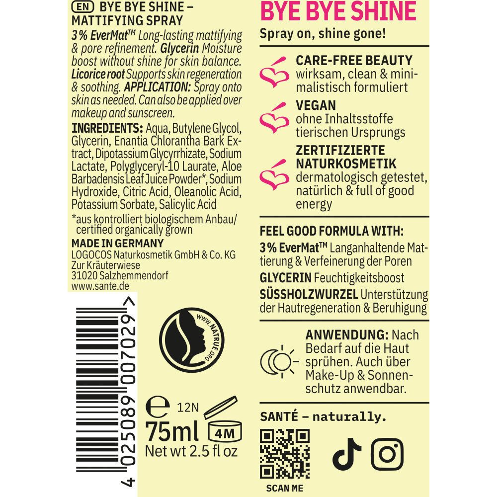 SANTE Gesichtspflege Bye Bye Shine Mattifying Spray, 75 ml