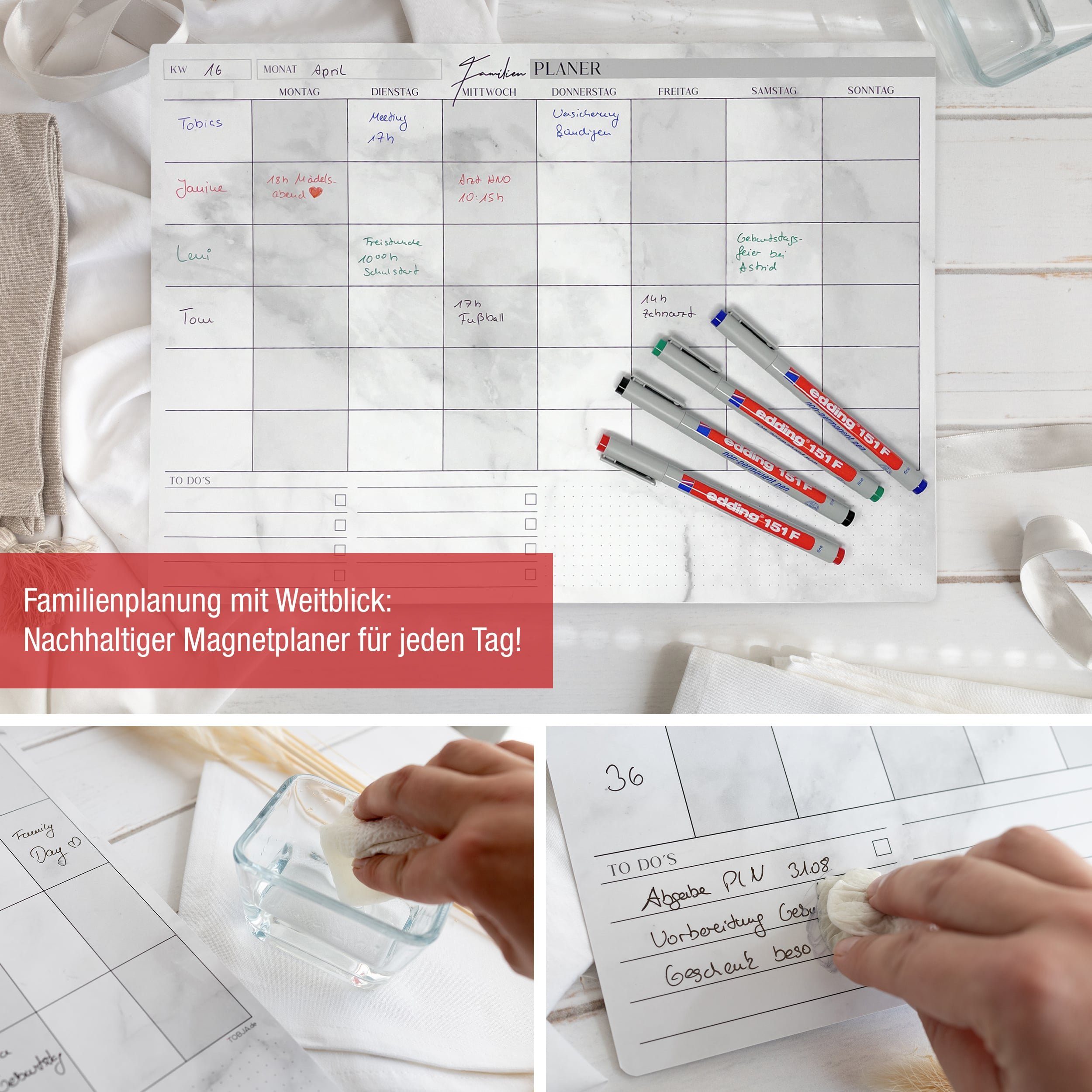 TOBJA Magnettafel A3 Familienplaner magnetisch +4 Stifte quer, Wochenplaner abwischbar Kalender – Bild 3 von 5
