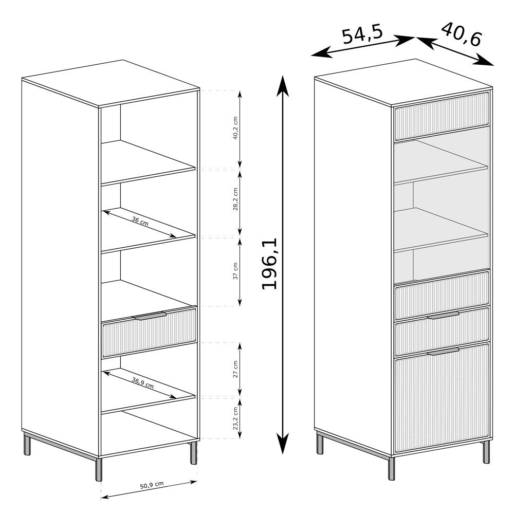 Lomadox Vitrine LAURO-161 Vitrinenschrank Wohnzimmer Indigo blau Rillen B/H/T 55/196/41 cm