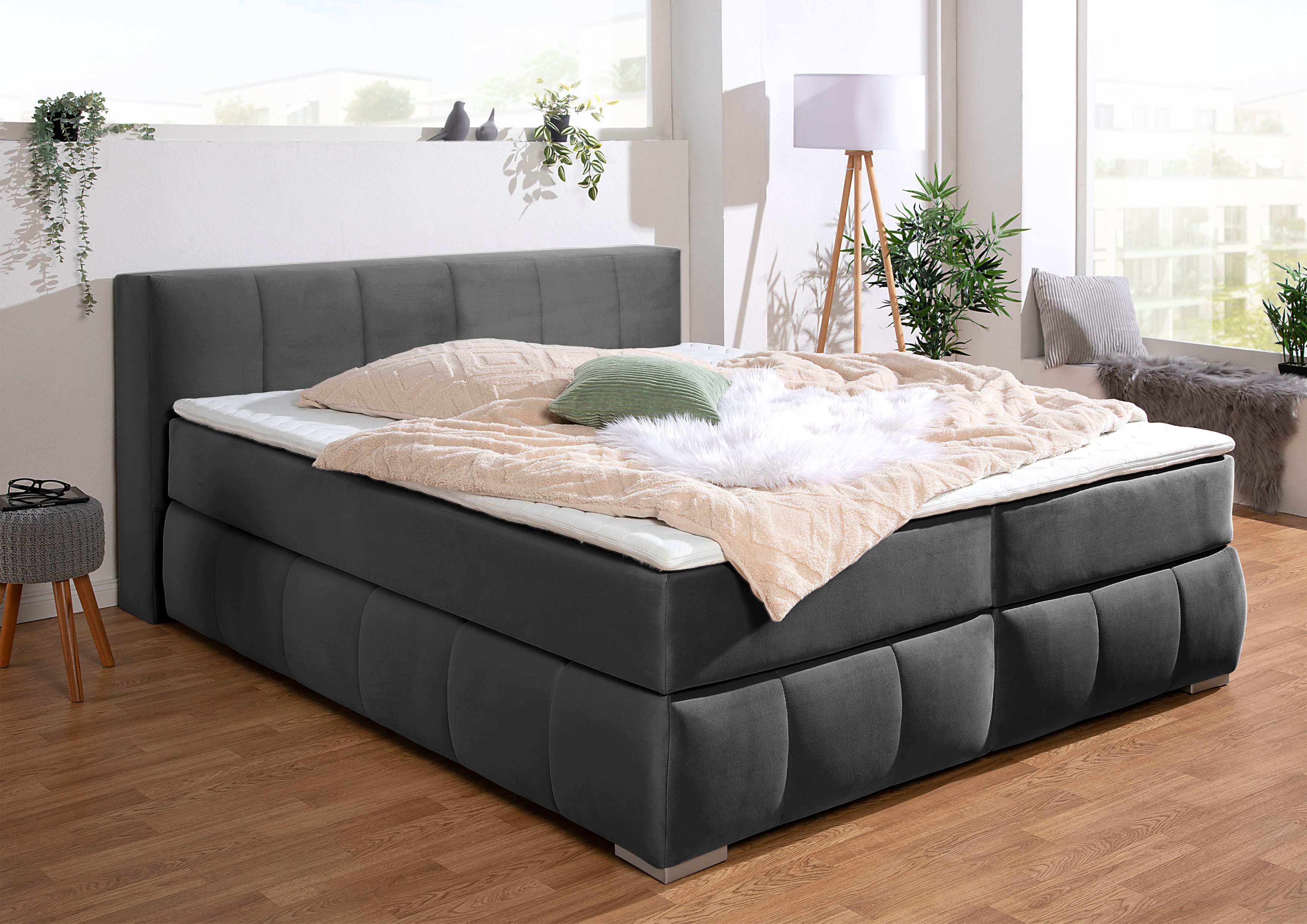 Home affaire Boxspringbett Chelles, inkl. Topper, in XXL- Überlänge 220 cm, Unterbox mit feine Wölbung