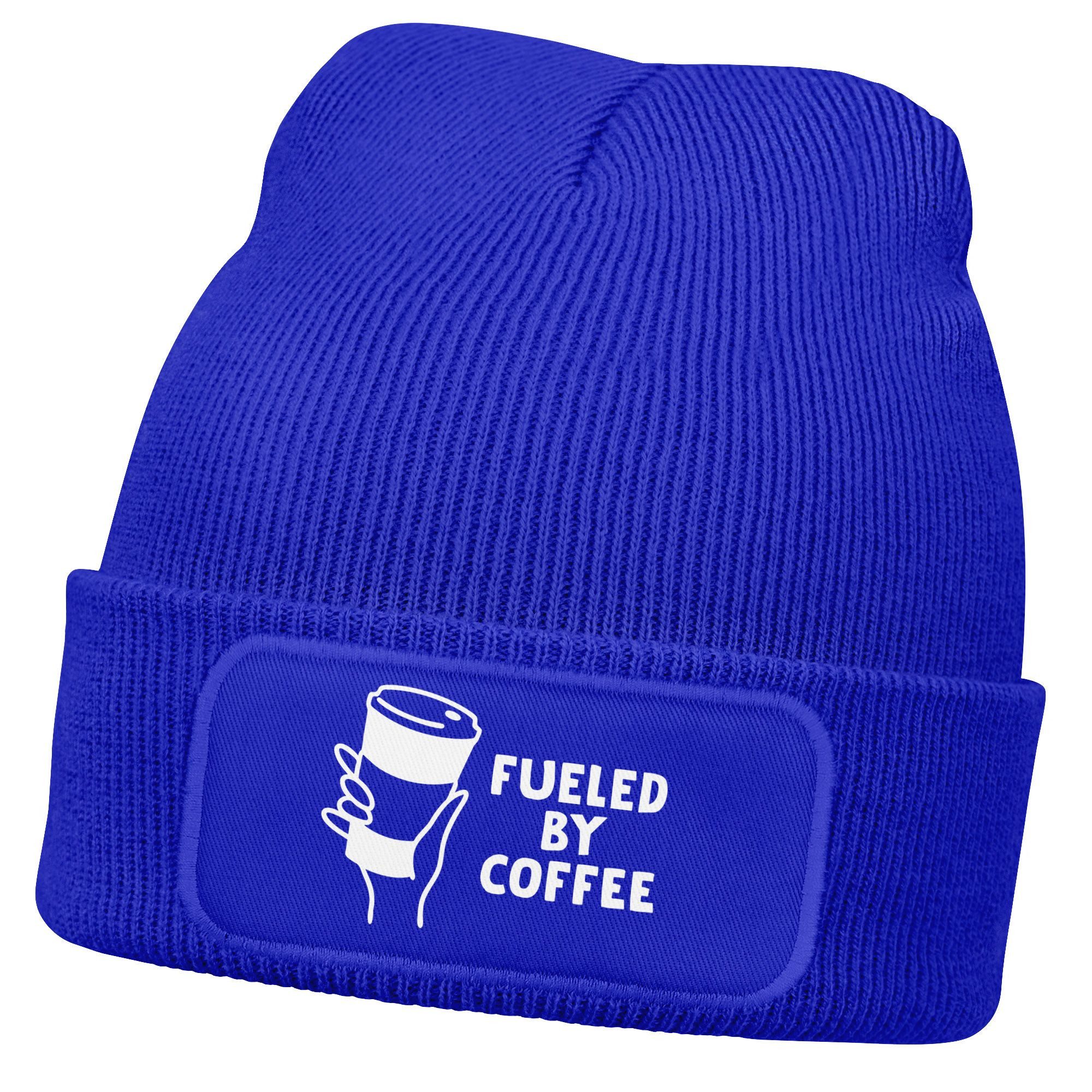 Beanie Herren Beanie mit Patch Strickmütze Spruch Fueled by Coffe Aufdruck