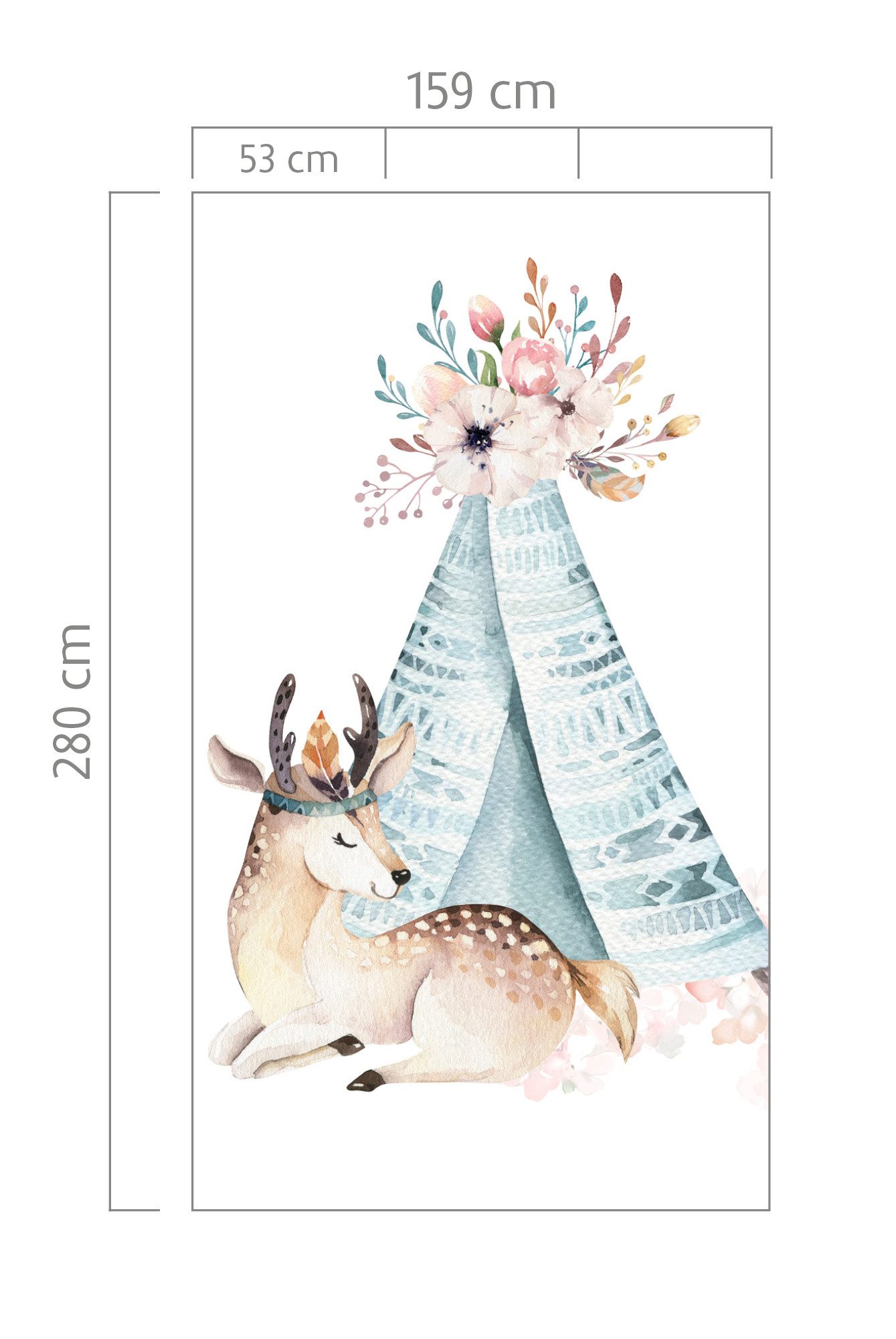 Rasch Fototapete Kinderzimmer mit Reh und Tipi mit Blumenschmuck in Blau, strukturiert, gemustert, (1 Rolle, 1 St), Aquarell-Optik