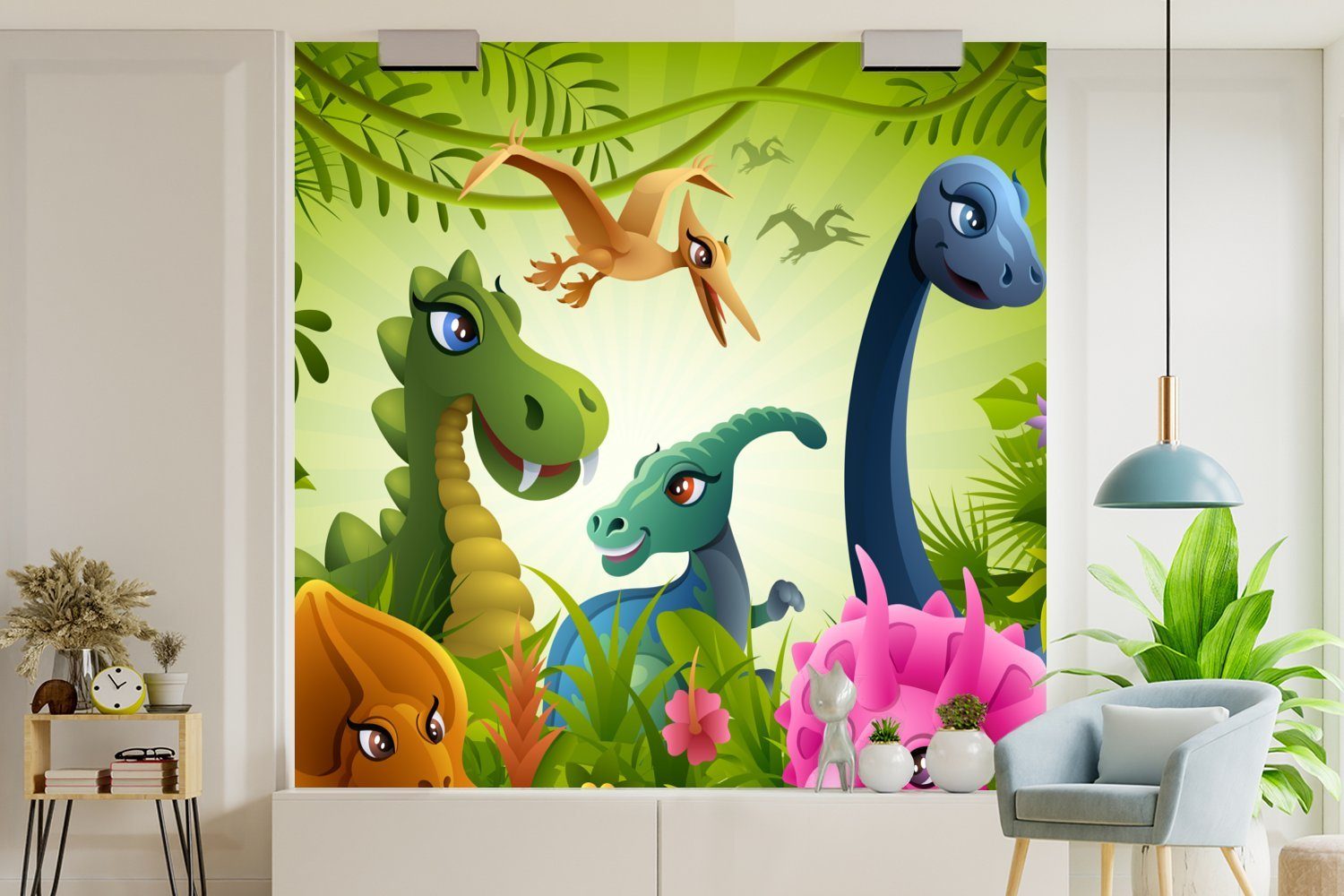 MuchoWow Fototapete Dinosaurier - Tiere - - Matt, St), -, Dschungel - für (5 Wandtapete Jungen Schlafzimmer, Baby oder Vinyl bedruckt, Illustration - Wohnzimmer Tapete