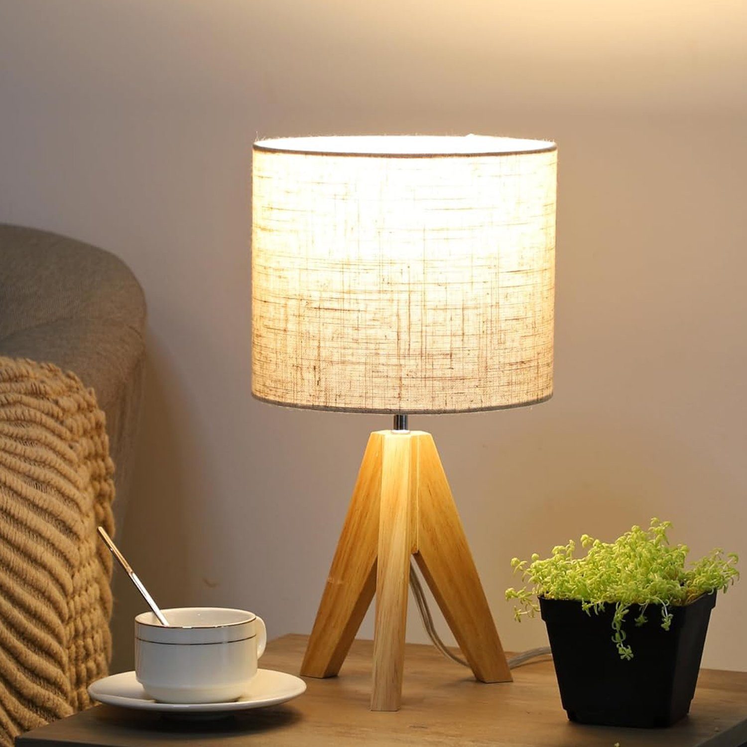 AKKEE Tischleuchte Nachttischlampe Tischlampe Holz, mit E27 Fassung,  ‎Kabelgebunden, ohne Leuchtmittel, für Nachttisch, Schreibtisch, im  Schlafzimmer, Wohnzimmer