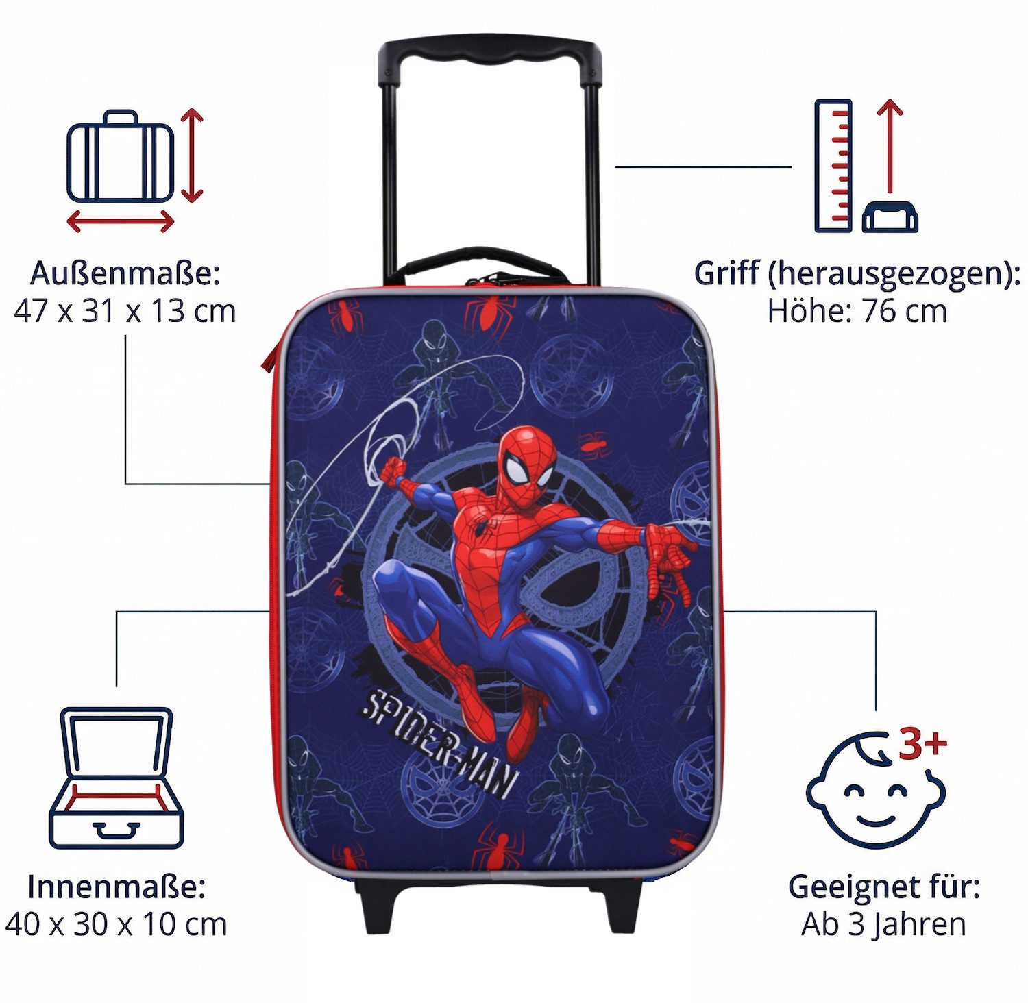 Spiderman Kinderkoffer Trolley Koffer Kindertrolley Trolly Marvel Spider Man, 12 Liter, Innen 40x30x10 cm, Außen 47x31x13 cm