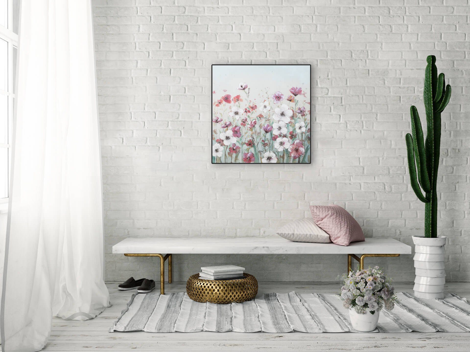 Wohnzimmer Gemälde 60x60 Leinwandbild KUNSTLOFT Wandbild 100% HANDGEMALT Frühlingswiese cm,
