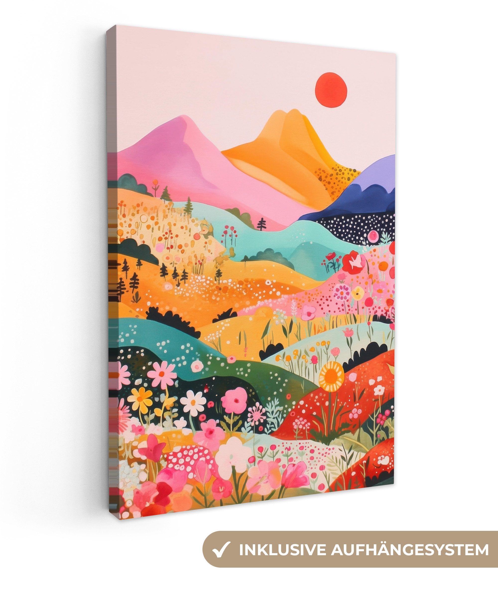 OneMillionCanvasses® Leinwandbild Bunte Blumen - Berge - Fantasielandschaft günstig online kaufen
