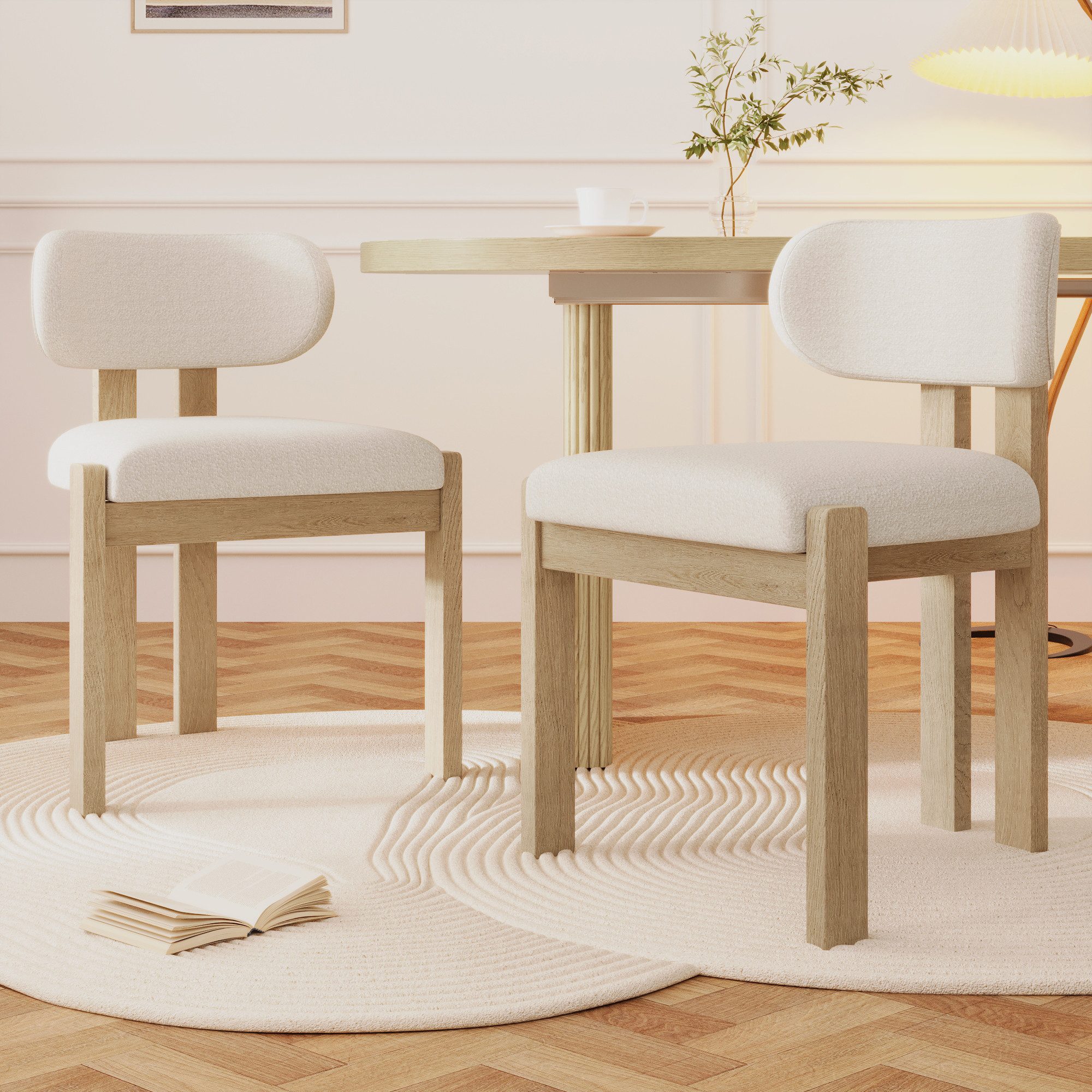 Flieks Esszimmerstuhl Gestell aus Massivholz, Bezug aus Bouclé-Stoff Beige (Set, 2 St), 2er Set Polsterstühle Küchenstühle Wohnzimmerstuhl Natur