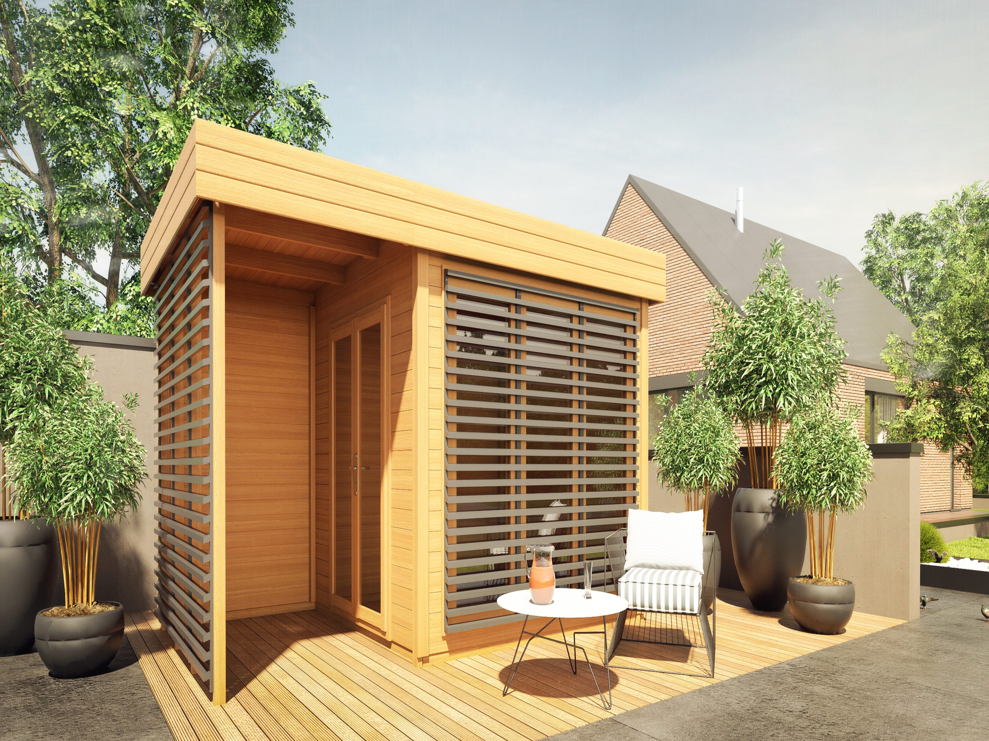 Woodtex Gartenhaus WOODTEX Gartenhaus mit Anbau Ivar 28 mm, BxT: 433x278 cm, Holz-Gartenhaus mit Fußboden, wetterfest & witterungsbeständig