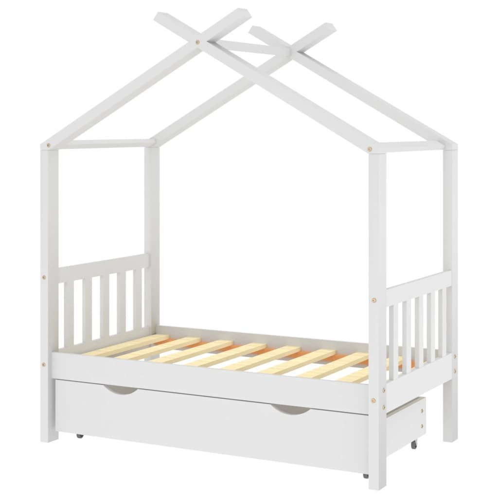 Kinderbett Kinderbett Himmelbett mit Schublade Weiß Massivholz Kiefer 70x140 cm