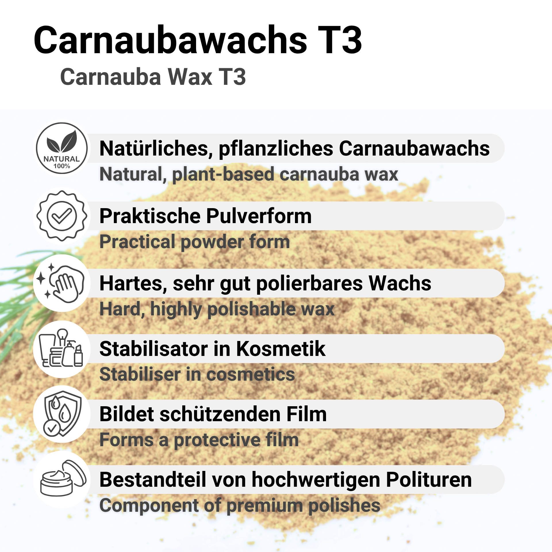 DistrEbution Carnaubawachs T3 Hellfettgrau Pulver - Kosmetik & Industrie Politur, Feines Carnaubawachs-Pulver für stabile und langlebige Formulierungen