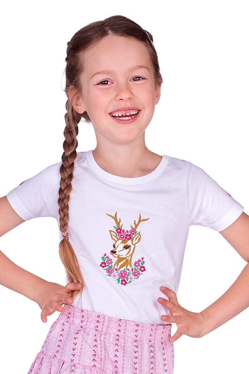 Isar-Trachten Trachtenbluse Trachtenshirt Kind - BLUMENREHLEIN - weiß/rosa