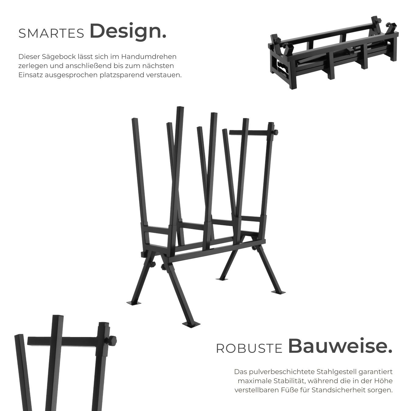 tectake Klappbock Holzsägebock 76 x 53 x 102 cm aus lackiertem Stahl, zerlegbar, (Kettensägebock, in schwarz), Feststellbügel, höhenverstellbare Füße, Belastbarkeit 400 kg