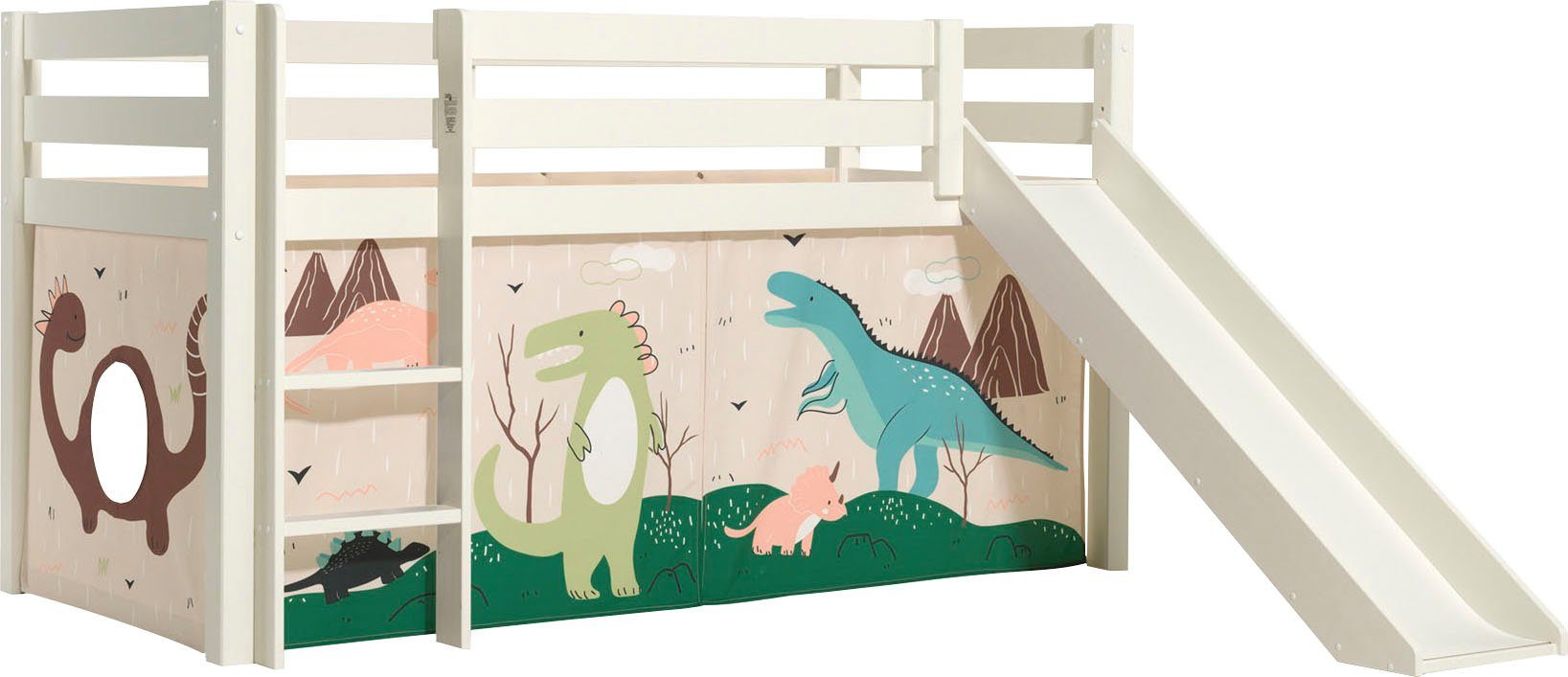 Vipack Spielbett Pino, Kiefer massiv, mit Rolllattenrost u. Textil-Set, Made in Europe (B/H/T ca. 210x114x218cm, mit Absturzschutz, Leiter und Rutsche), verschiedene Textil-Designs und Holzfarben zur Wahl
