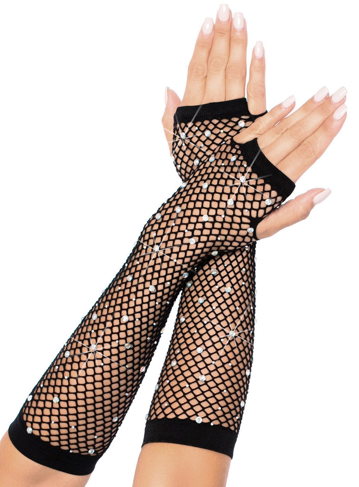 Leg Avenue Kostüm Fingerlose Fishnet Strass, mit Eleganz Handschuhe Markantes das Accessoire, vereint Stil und