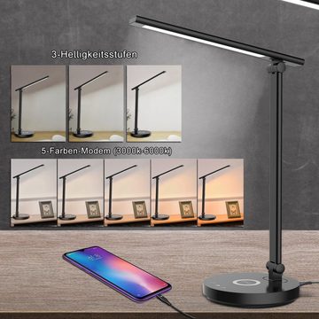 MDHAND LED Leselampe 10 W LED Desk Lamp, Dimmable Table Lamp, 5 Colours, USB-Anschluss,Kabelloses Laden,Schwarz