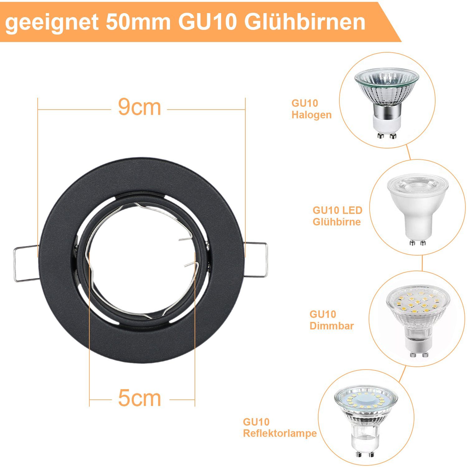 Leuchtmittel GU10 30° schwarz mit Halogen, Fassungen ZMH ohne Einbauleuchte 6er Spot LED
