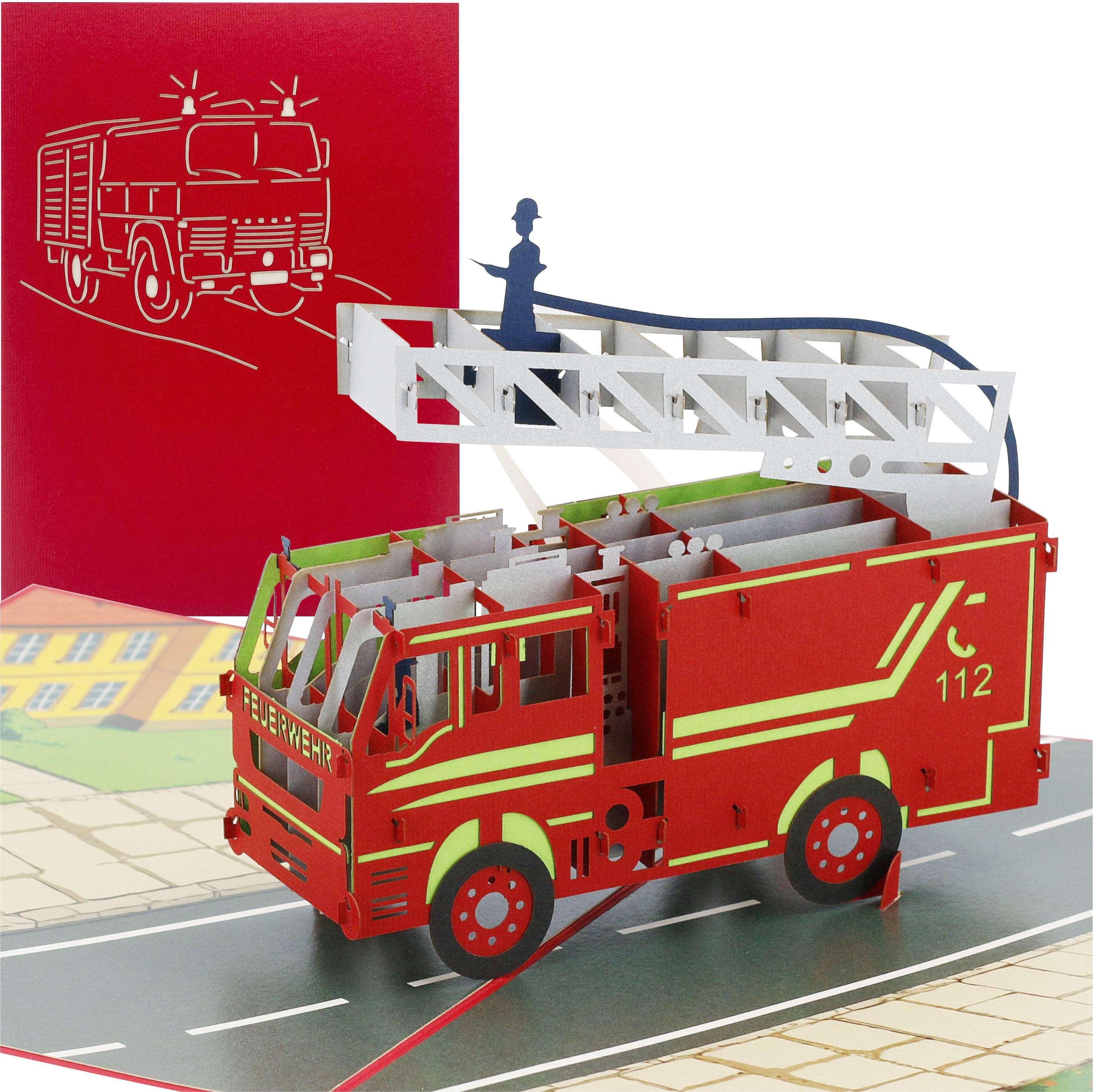 design3dkarten Glückwunschkarte Pop Up Karte Feuerwehr – 3D Feuerwehrauto mit Drehleiter, mit herausnehmbarem Einleger, Umschlag und Schutzhülle