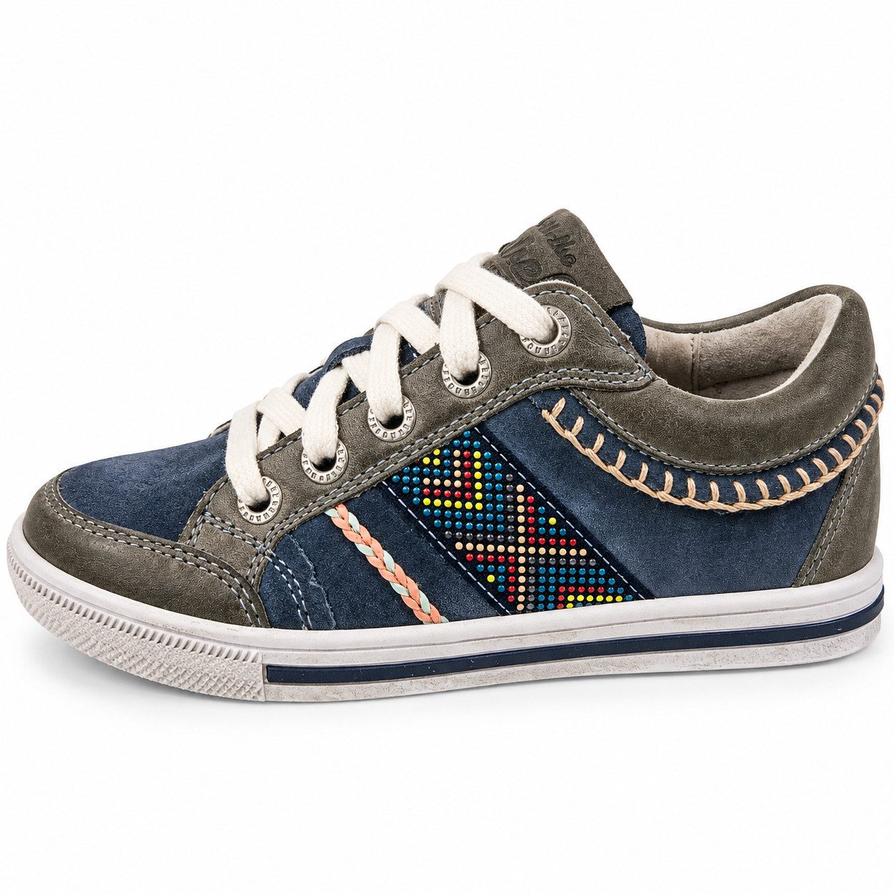 Braqeez Mädchen Leder-Sneaker Halbschuh Blau Flechtdetails Ziersteinen Schnürschuh aus echtem Leder