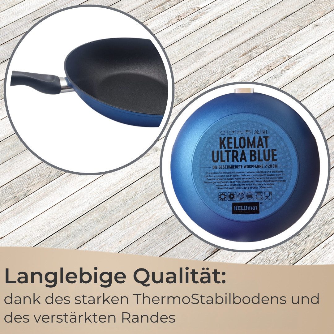 Riess Wok Riess Kelomat Wokpfanne blau 28 cm, geschmiedete Pfanne, mit Antihaftbeschichtung